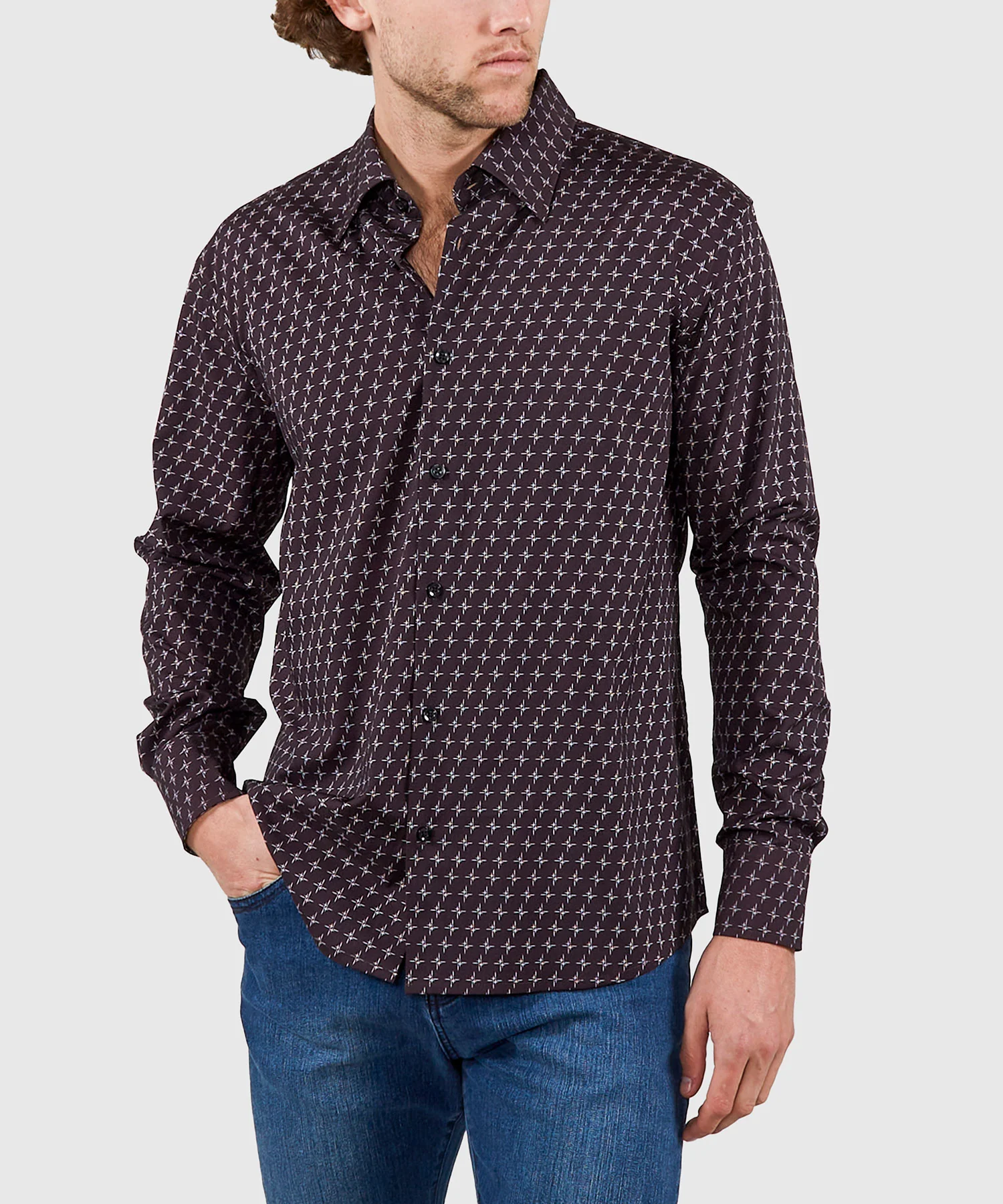 Westport No-Tuck Long Sleeve Button Under Collar Stretch Performance 'Stars' Sport Shirt - Image 2