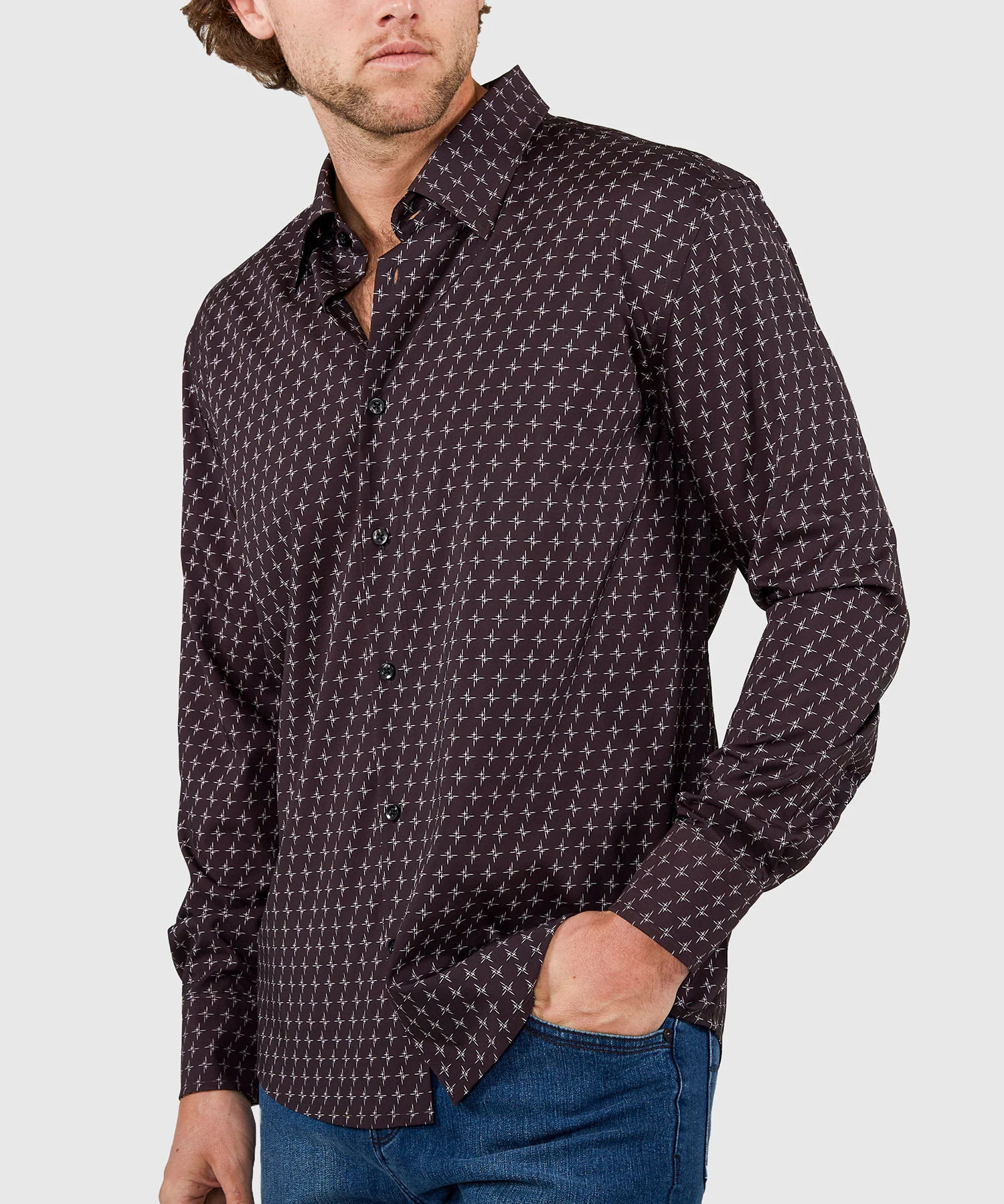 Westport No-Tuck Long Sleeve Button Under Collar Stretch Performance 'Stars' Sport Shirt - Image 3