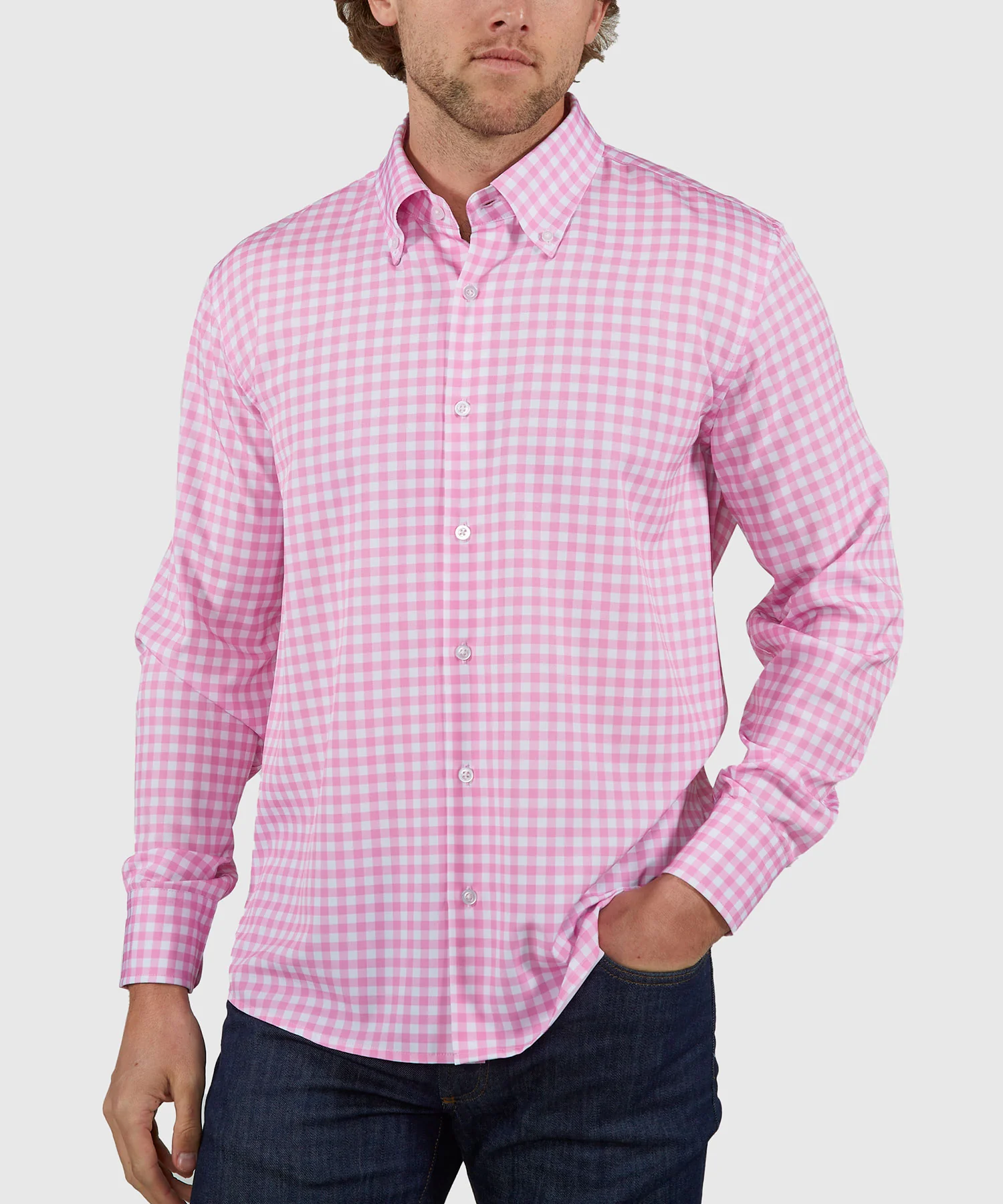 Westport No-Tuck Long Sleeve Button Down Collar Stretch Performance Gingham Sport Shirt - Image 2