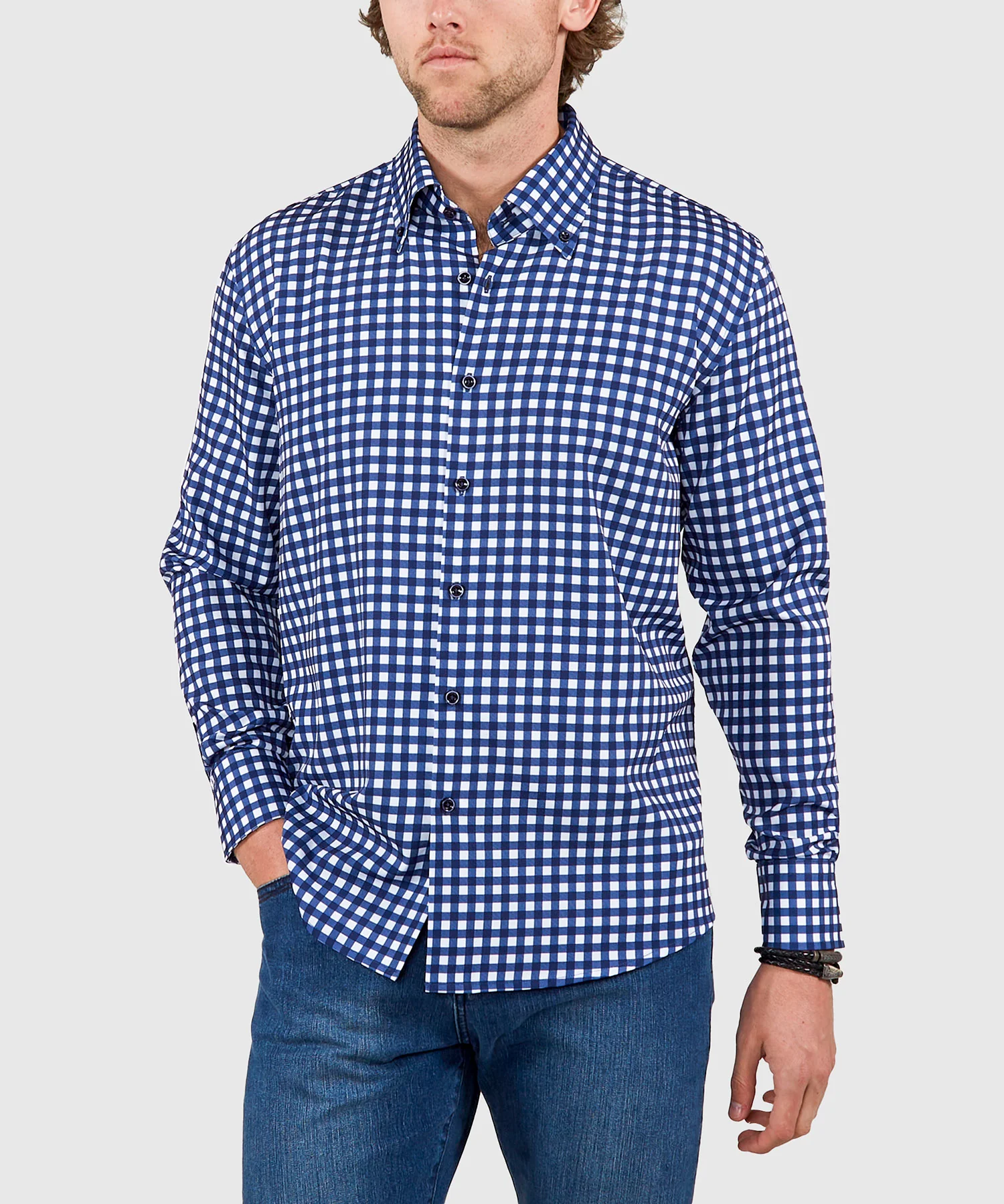 Westport No-Tuck Long Sleeve Button Down Collar Stretch Performance Gingham Sport Shirt - Image 3