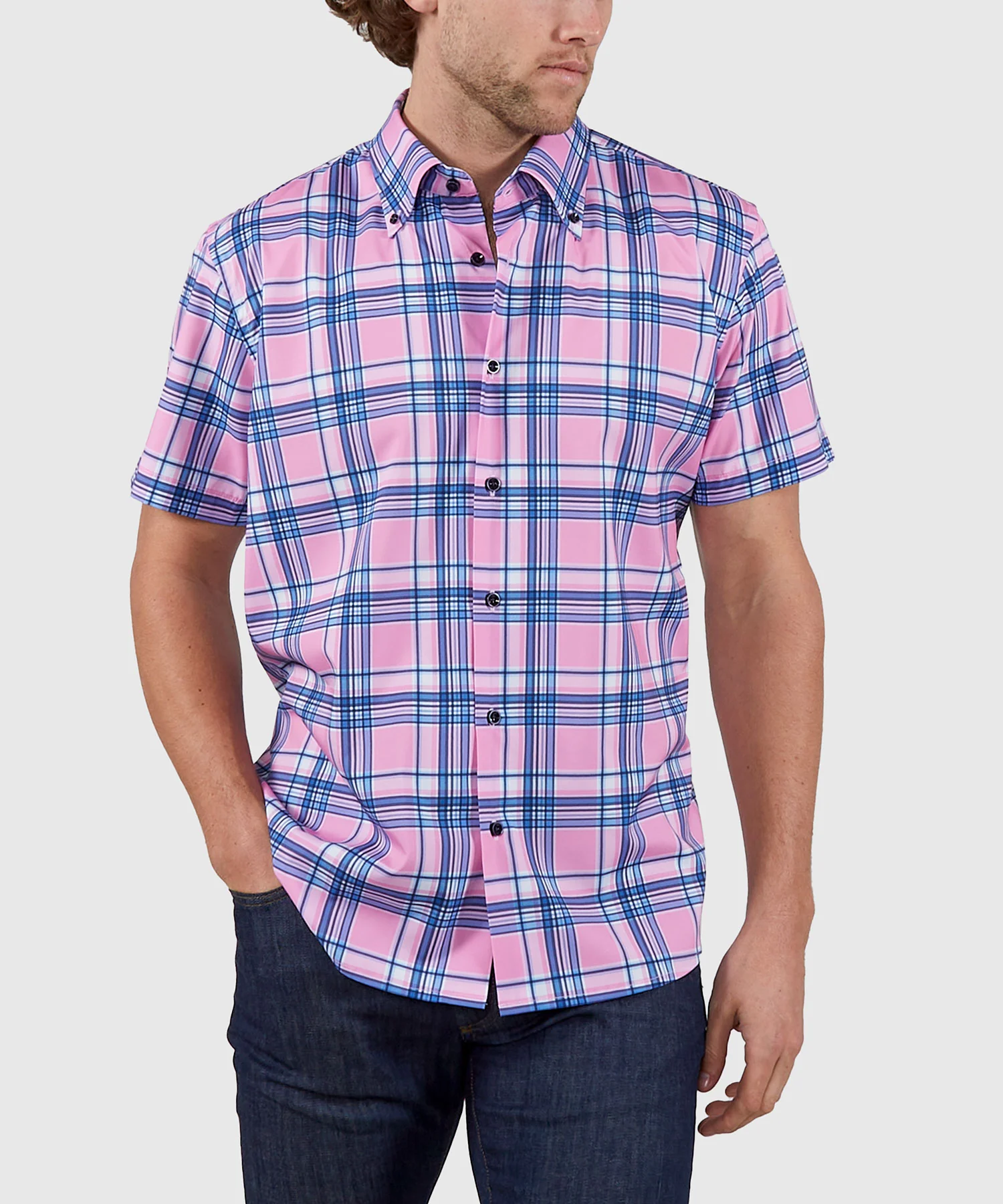Westport No-Tuck Short Sleeve Button Down Collar Stretch Performance Plaid Sport Shirt - Image 3