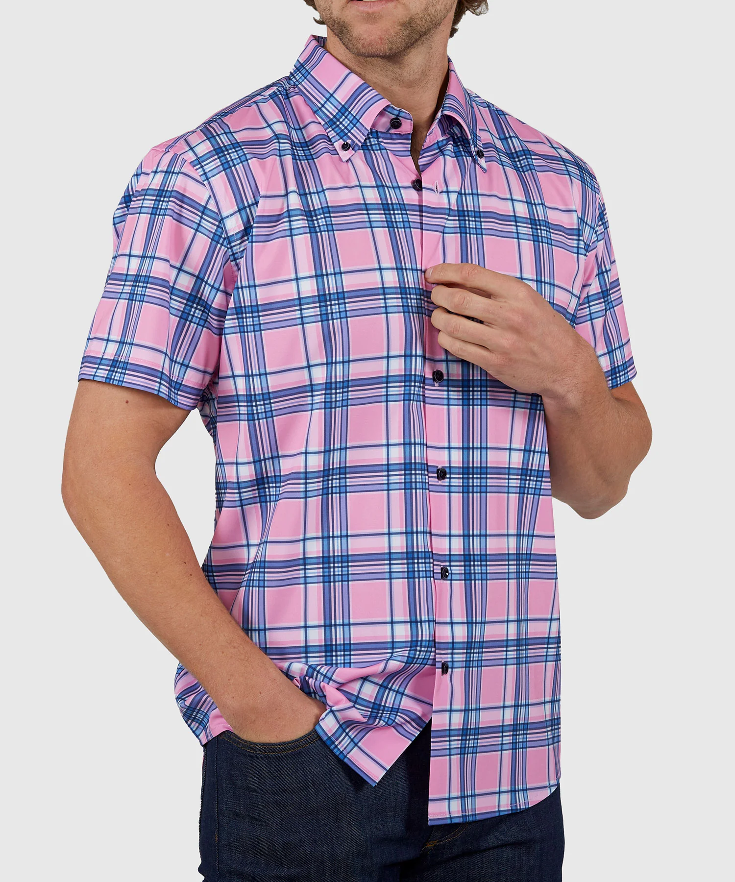 Westport No-Tuck Short Sleeve Button Down Collar Stretch Performance Plaid Sport Shirt - Image 5