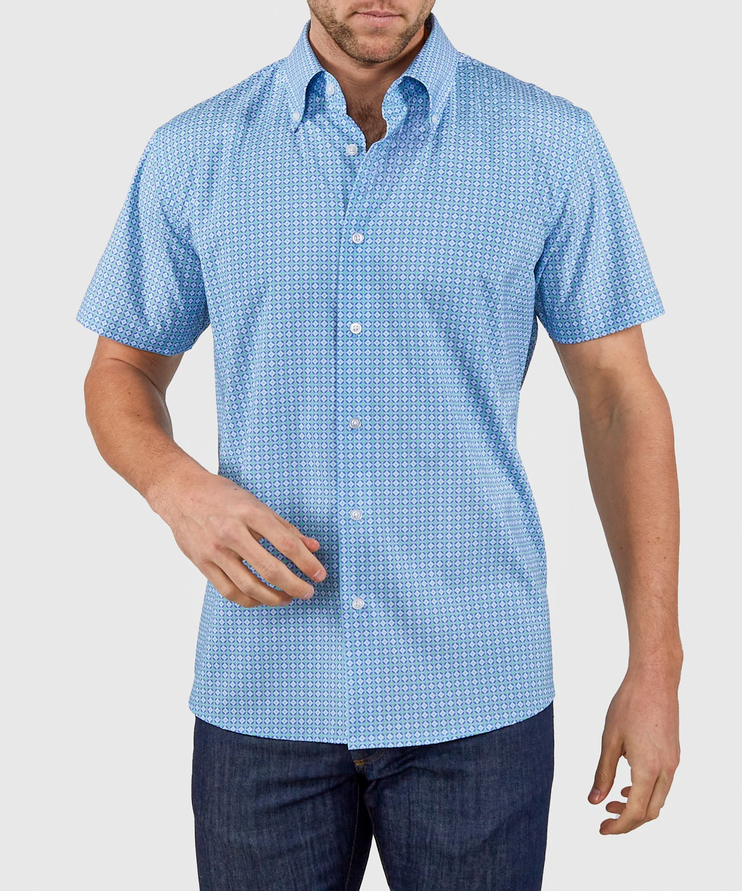 Westport No-Tuck Short Sleeve Button Down Collar Stretch Performance 'Intricate Tiles' Sport Shirt - Image 2