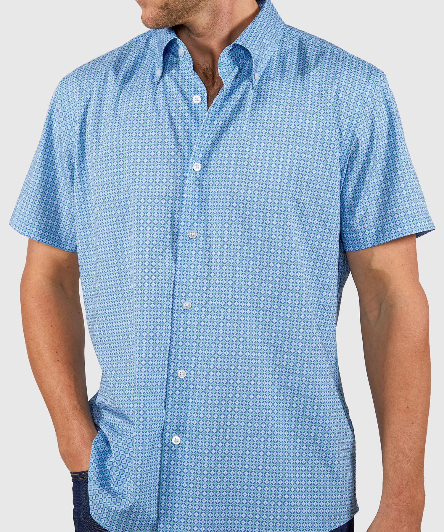 Westport No-Tuck Short Sleeve Button Down Collar Stretch Performance 'Intricate Tiles' Sport Shirt - Image 3