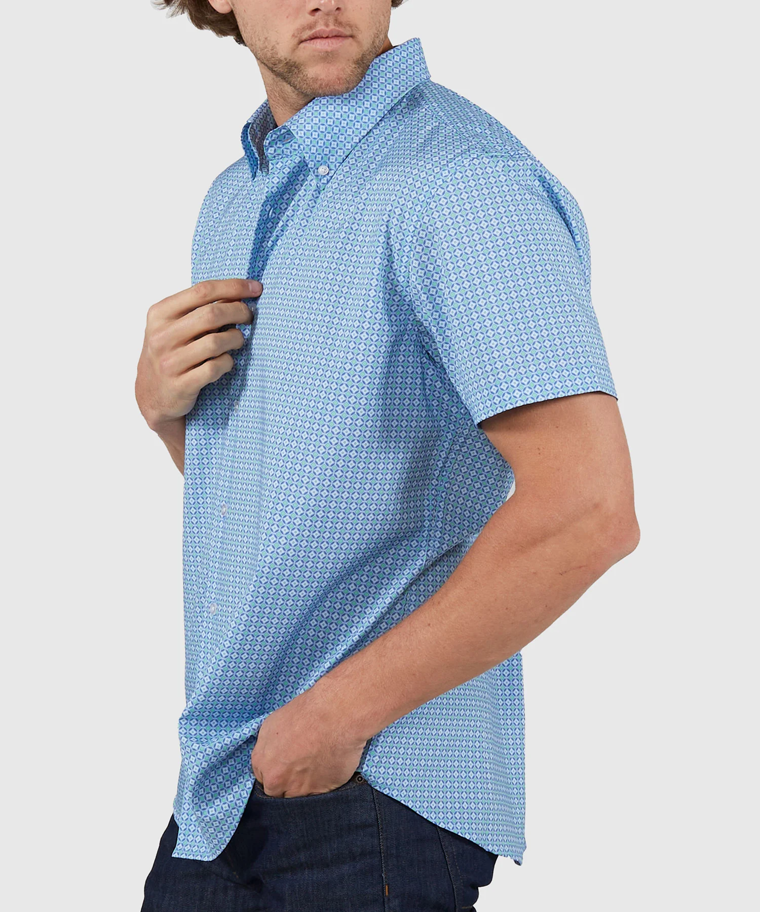 Westport No-Tuck Short Sleeve Button Down Collar Stretch Performance 'Intricate Tiles' Sport Shirt - Image 4