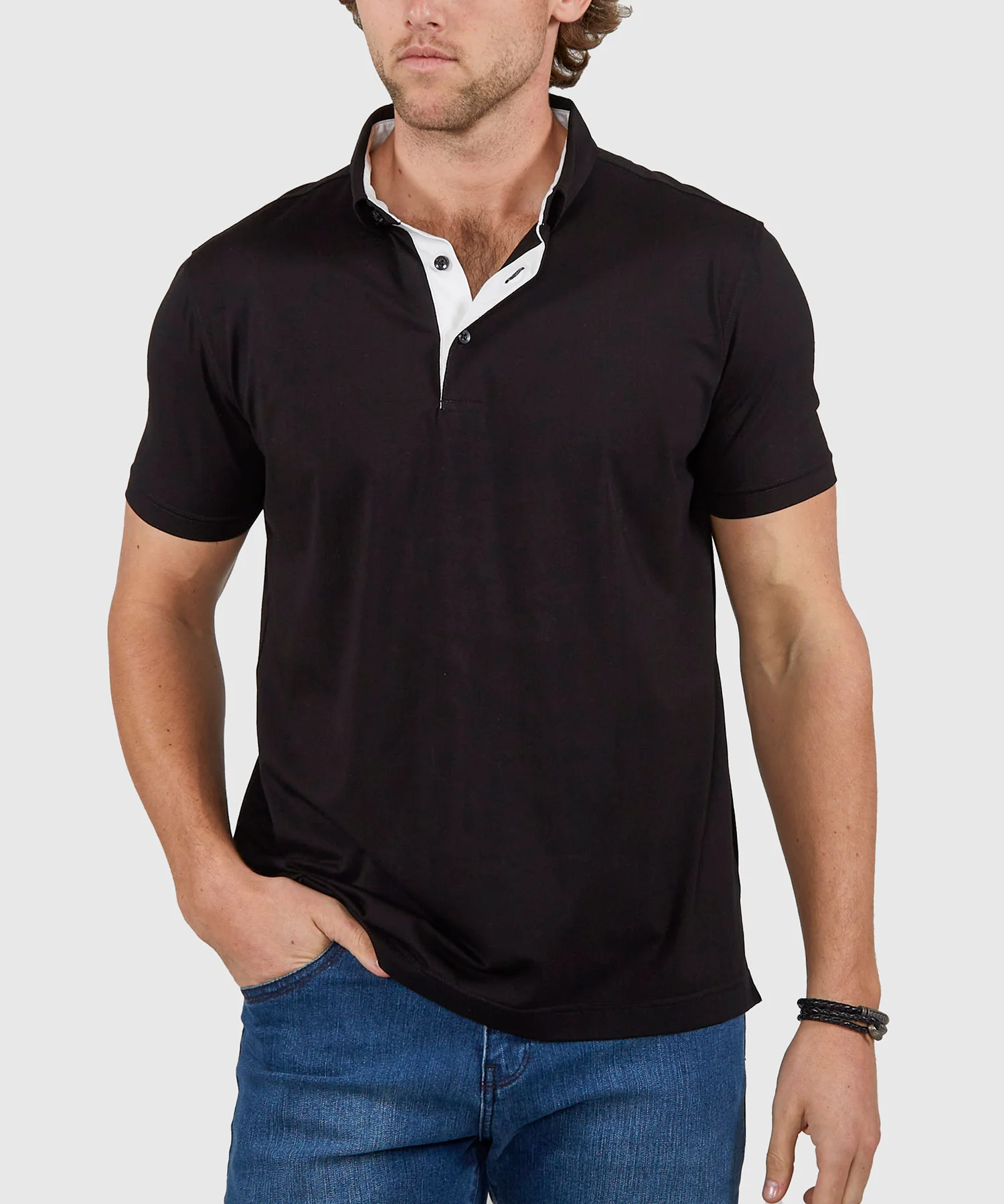 Westport No-Tuck Short Sleeve Cotton Performance Contrast Trim Placket Polo Knit Shirt - Image 5
