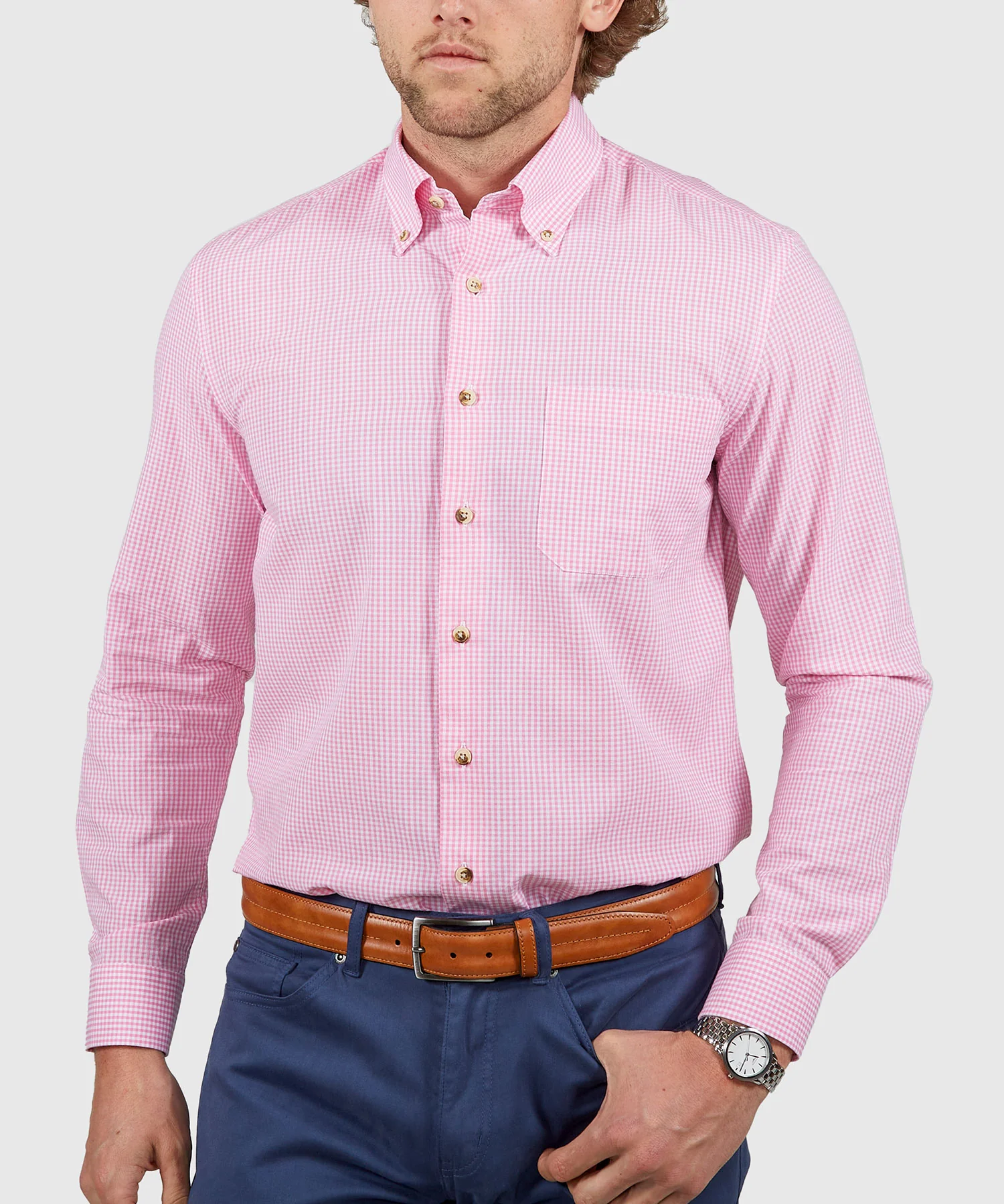 Westport Lifestyle Long Sleeve Button Down Collar Gingham Sport Shirt - Image 5