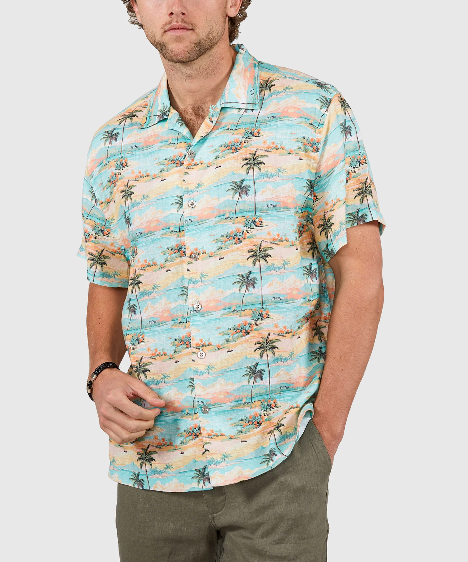 Westport Black Beach Print Short Sleeve Linen Camp Shirt - Image 4