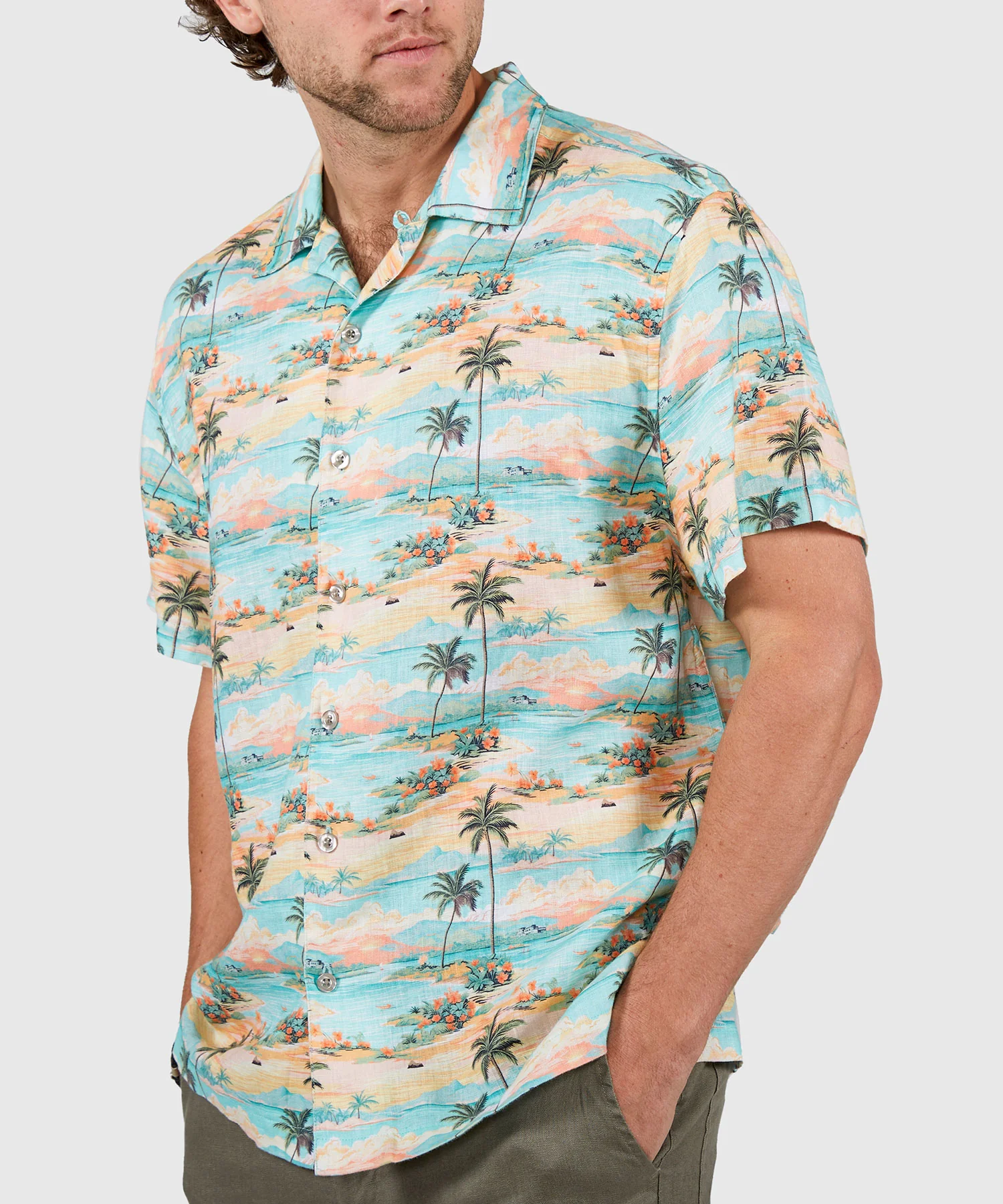 Westport Black Beach Print Short Sleeve Linen Camp Shirt - Image 6