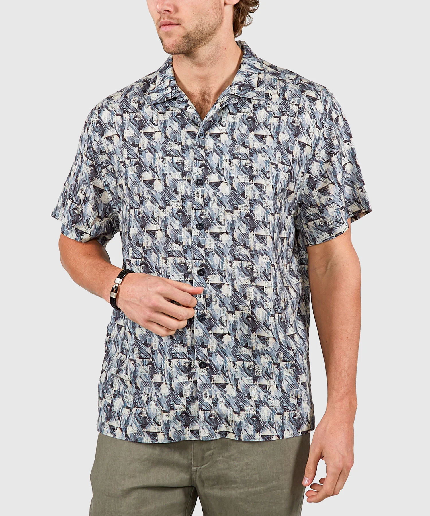Westport Black Geo Print Short Sleeve Linen Camp Shirt - Image 3