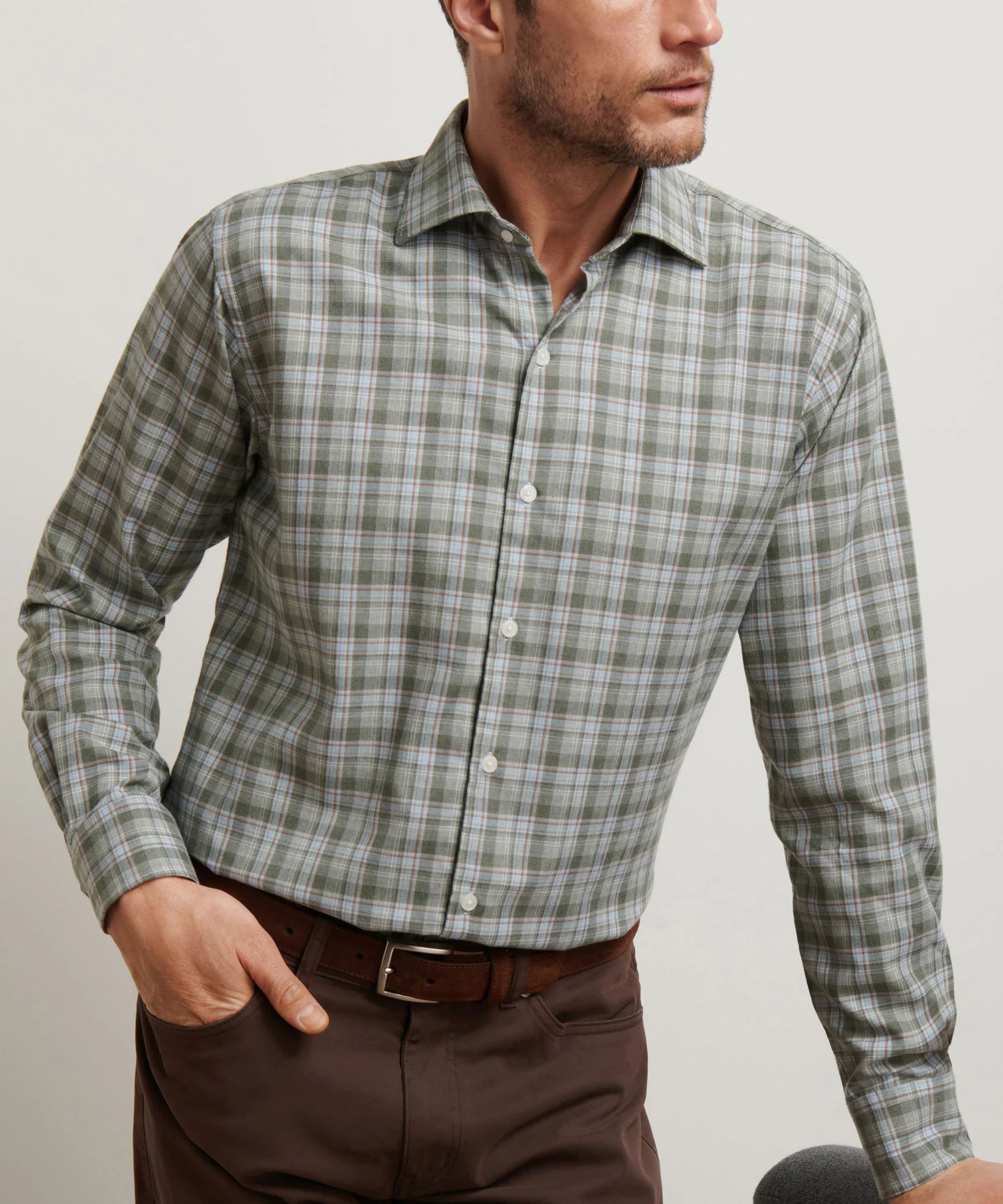 Peter Millar Long Sleeve Spread Collar Performance Flannel White Cap Sport Shirt - Image 6