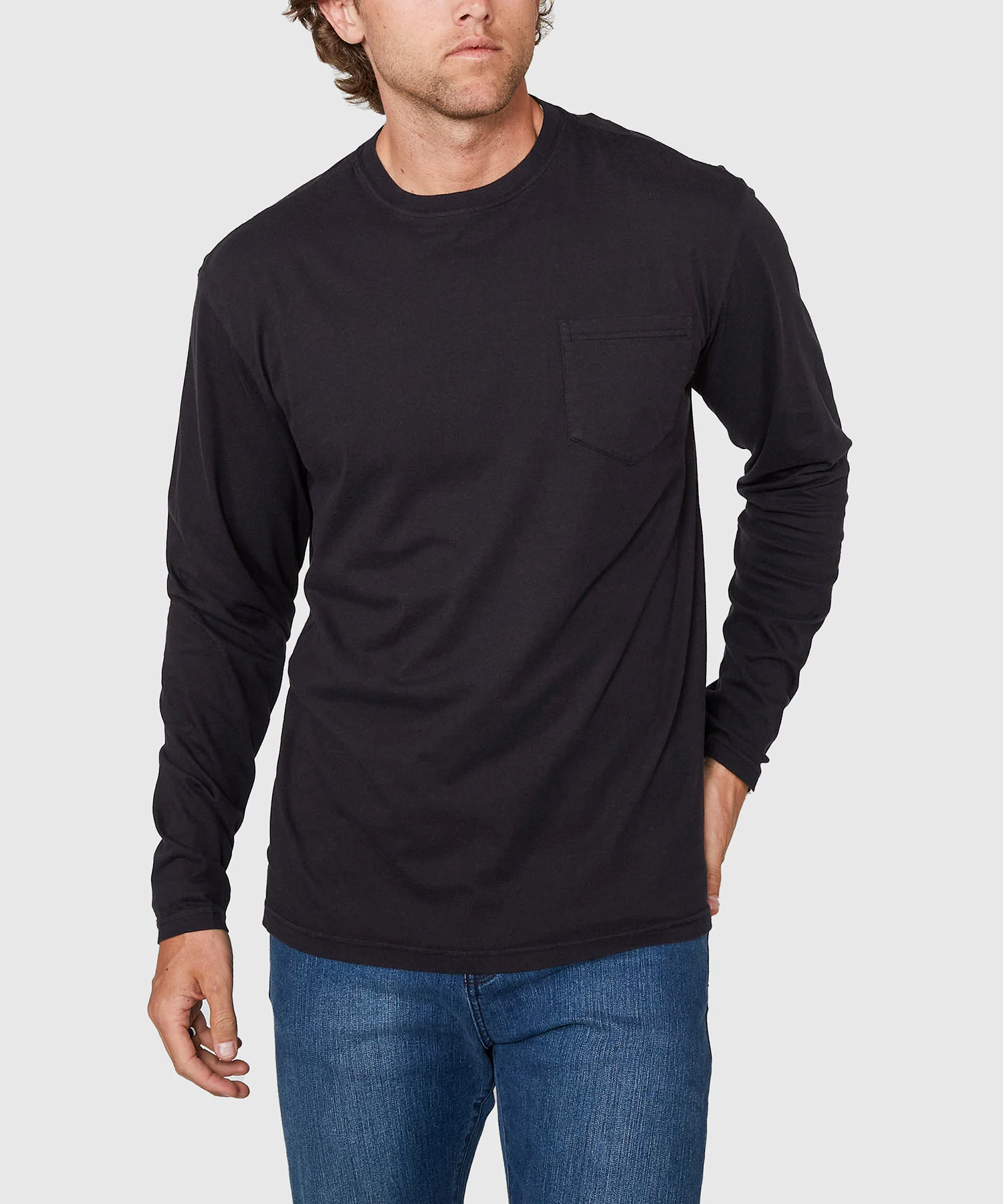 Westport Lifestyle Long Sleeve Ocean Washed Crew Neck Pocket T-Shirt - Image 5