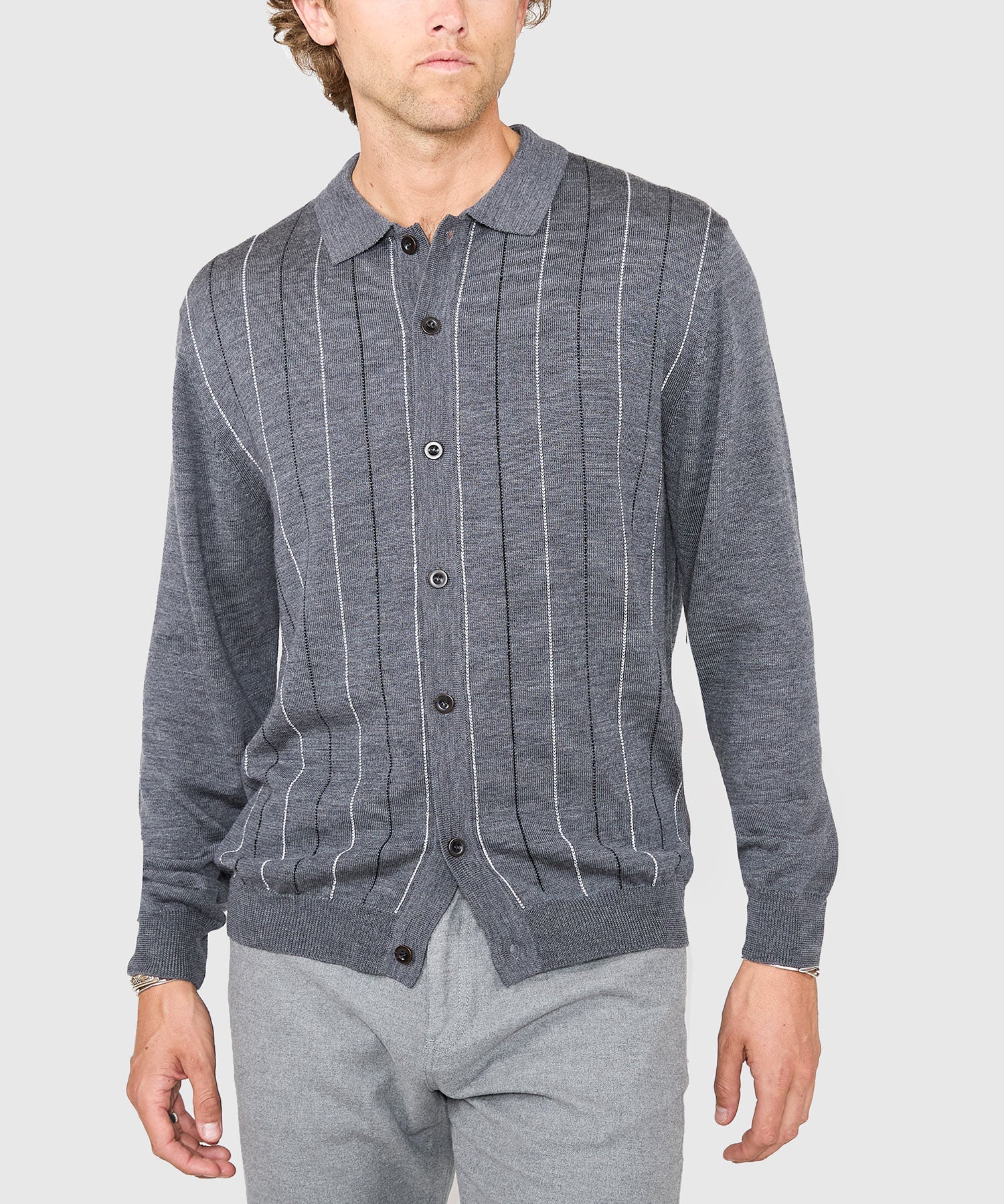 Westport Black Long Sleeve Birdseye Stripe Button Front Polo - Image 2