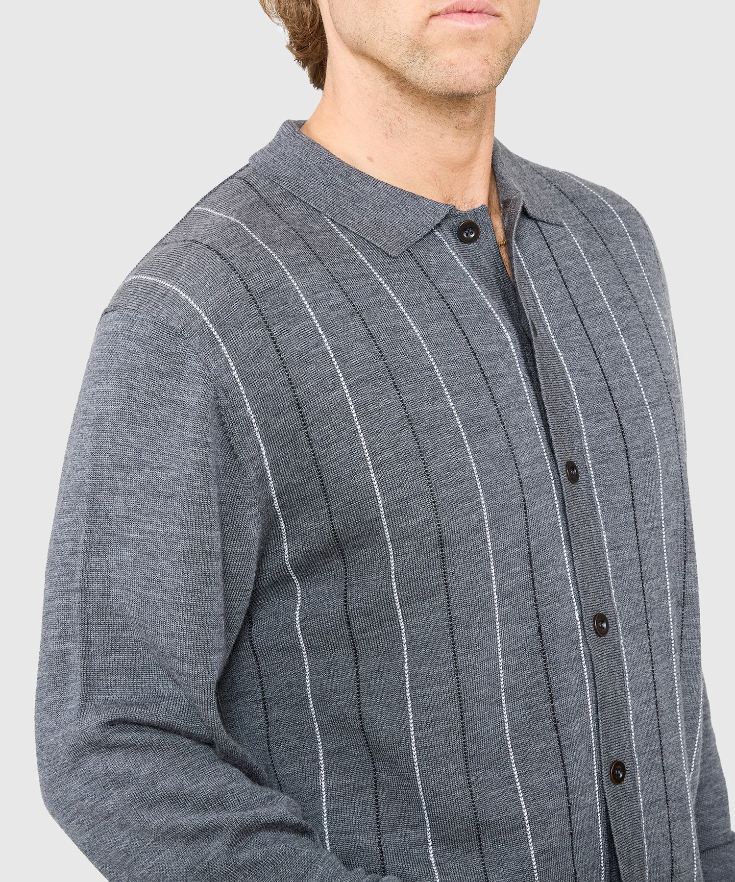 Westport Black Long Sleeve Birdseye Stripe Button Front Polo - Image 3