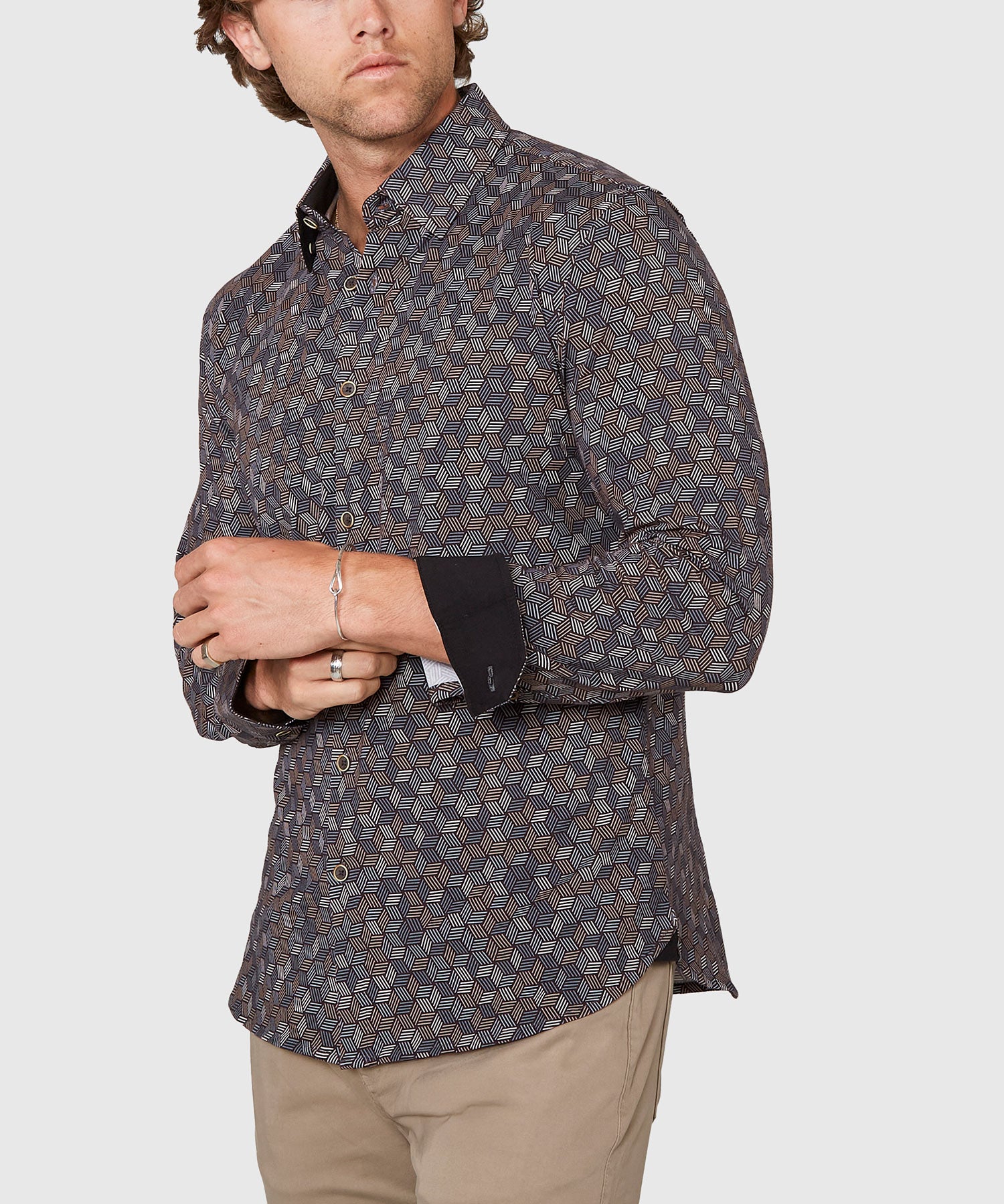 Westport Black Long Sleeve Hidden Button Down Collar Hex Print Knit Sport Shirt - Image 3