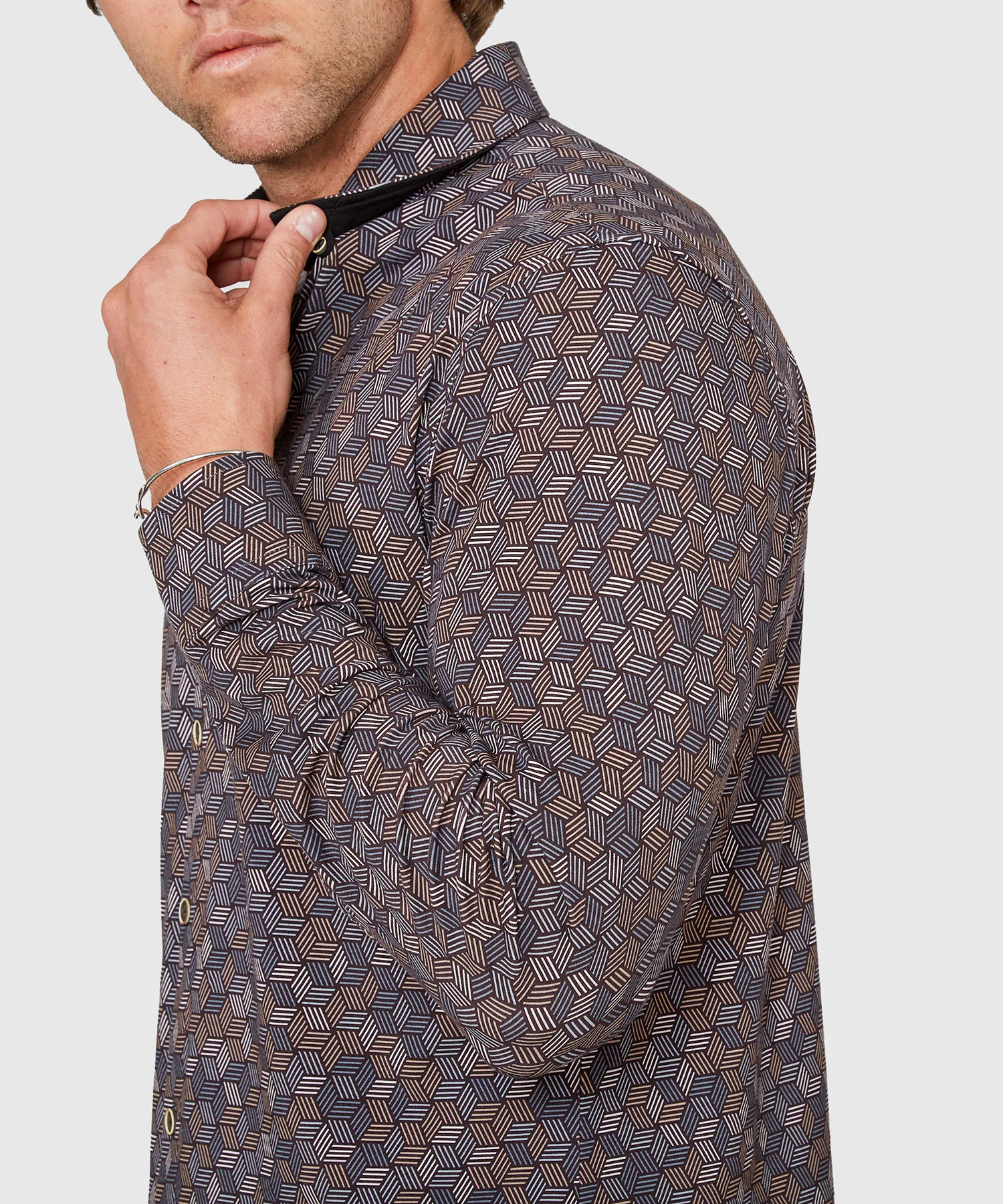 Westport Black Long Sleeve Hidden Button Down Collar Hex Print Knit Sport Shirt - Image 4