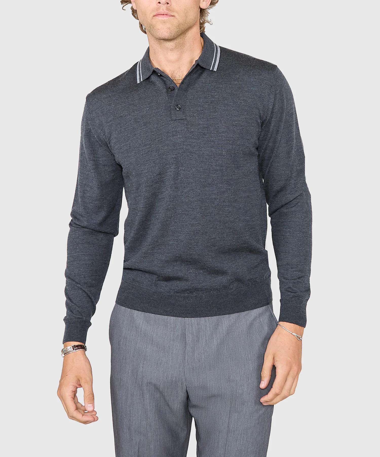 Westport Black Long Sleeve Retro Tipped Merino Polo - Image 4
