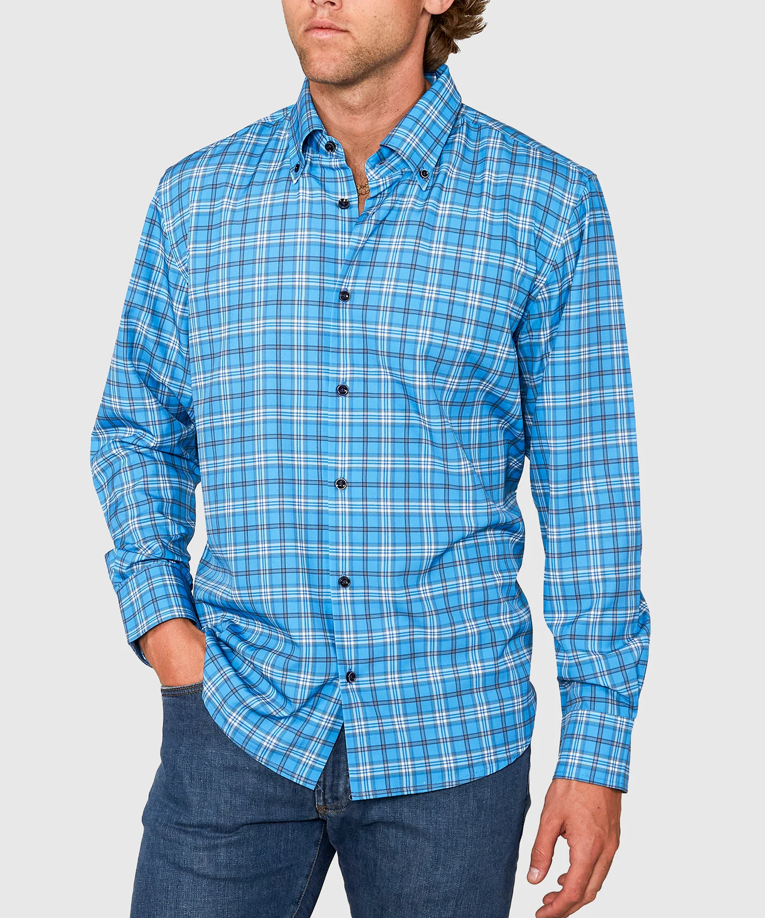 Westport No-Tuck Long Sleeve Button Down Collar Plaid Stretch Performance Sport Shirt - Image 4