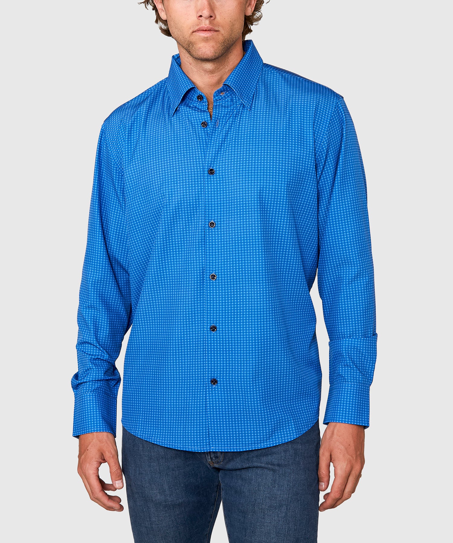 Westport No-Tuck Long Sleeve Button Under Spread Collar Geo Print Stretch Performance Sport Shirt - Image 2