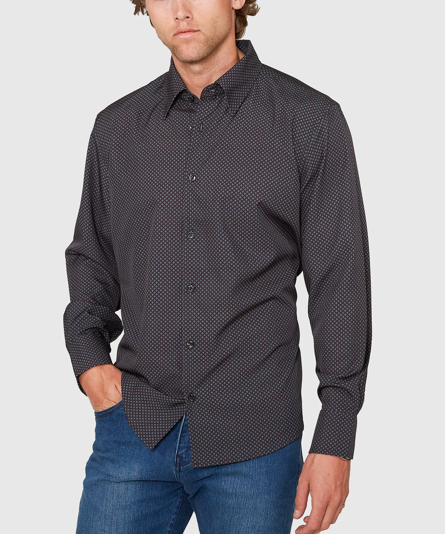Westport No-Tuck Long Sleeve Button Under Spread Collar Geo Cross Stretch Performance Sport Shirt - Image 2