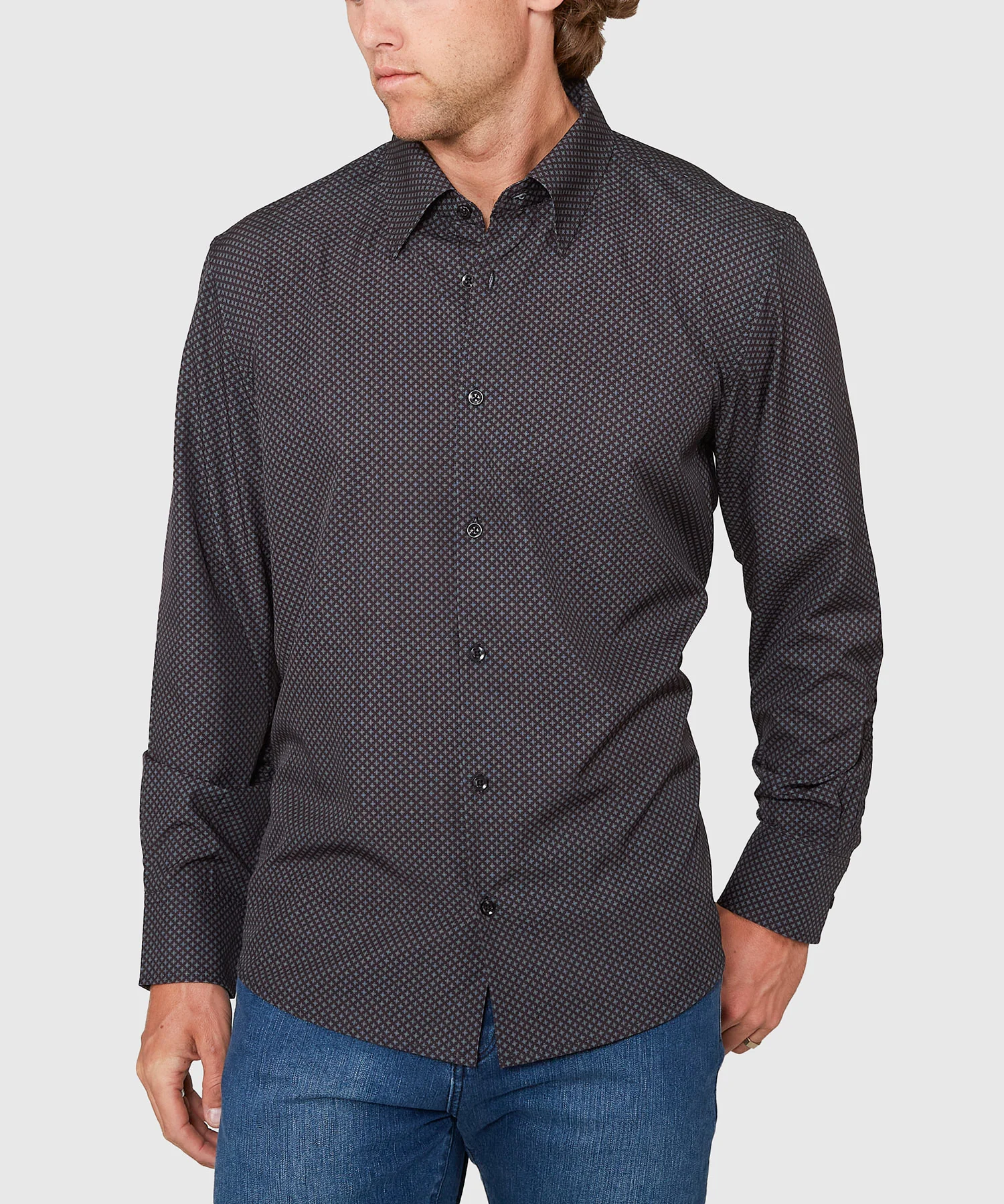 Westport No-Tuck Long Sleeve Button Under Spread Collar Geo Cross Stretch Performance Sport Shirt - Image 3