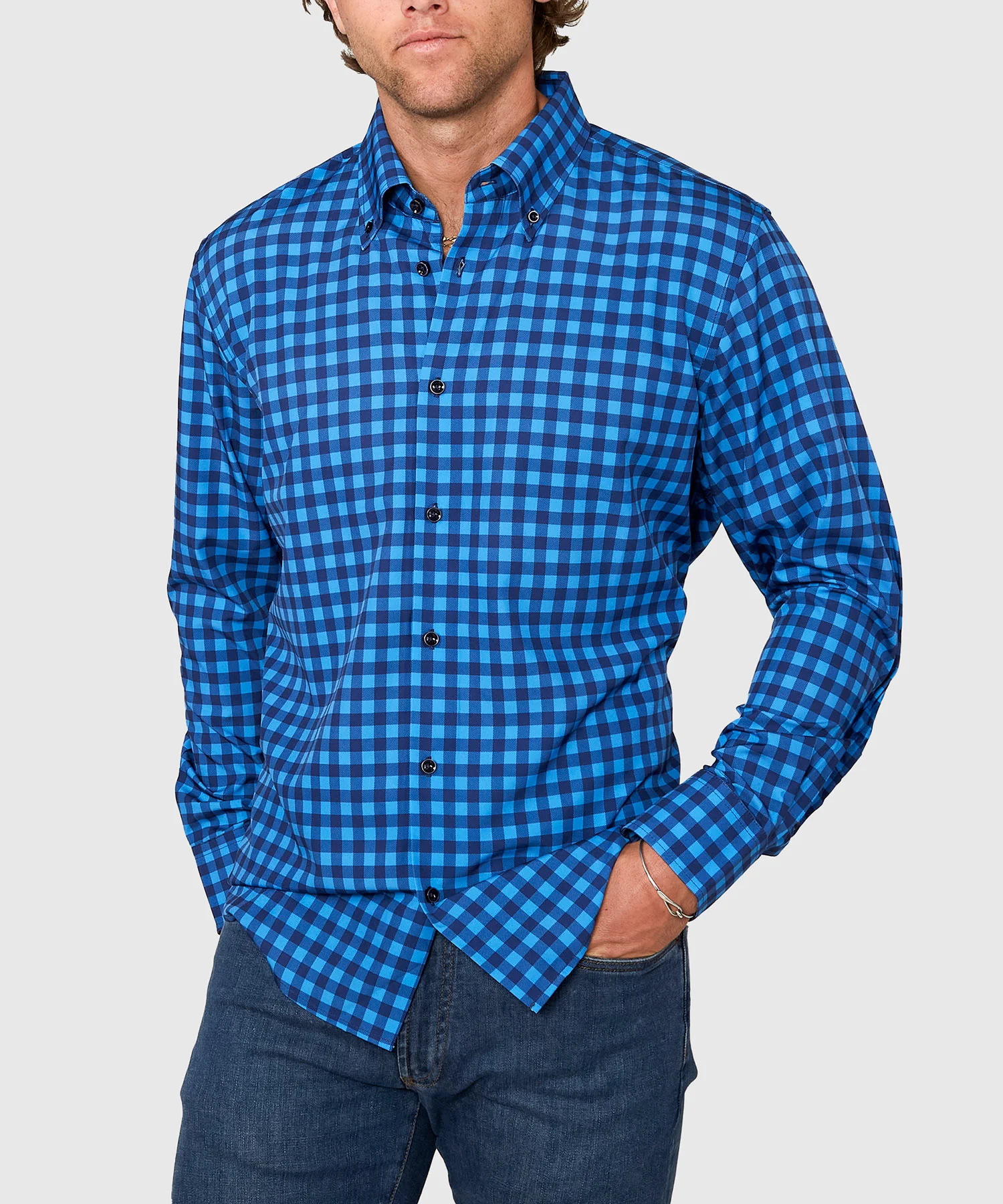 Westport No-Tuck Long Sleeve Button Down Collar Check Print Stretch Performance Sport Shirt - Image 2