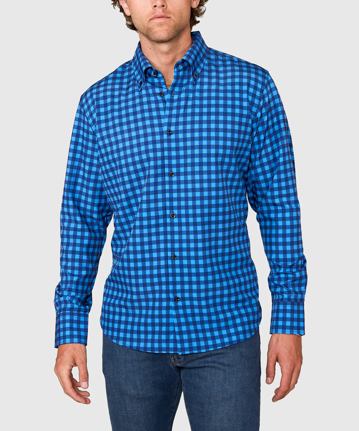 Westport No-Tuck Long Sleeve Button Down Collar Check Print Stretch Performance Sport Shirt - Image 5