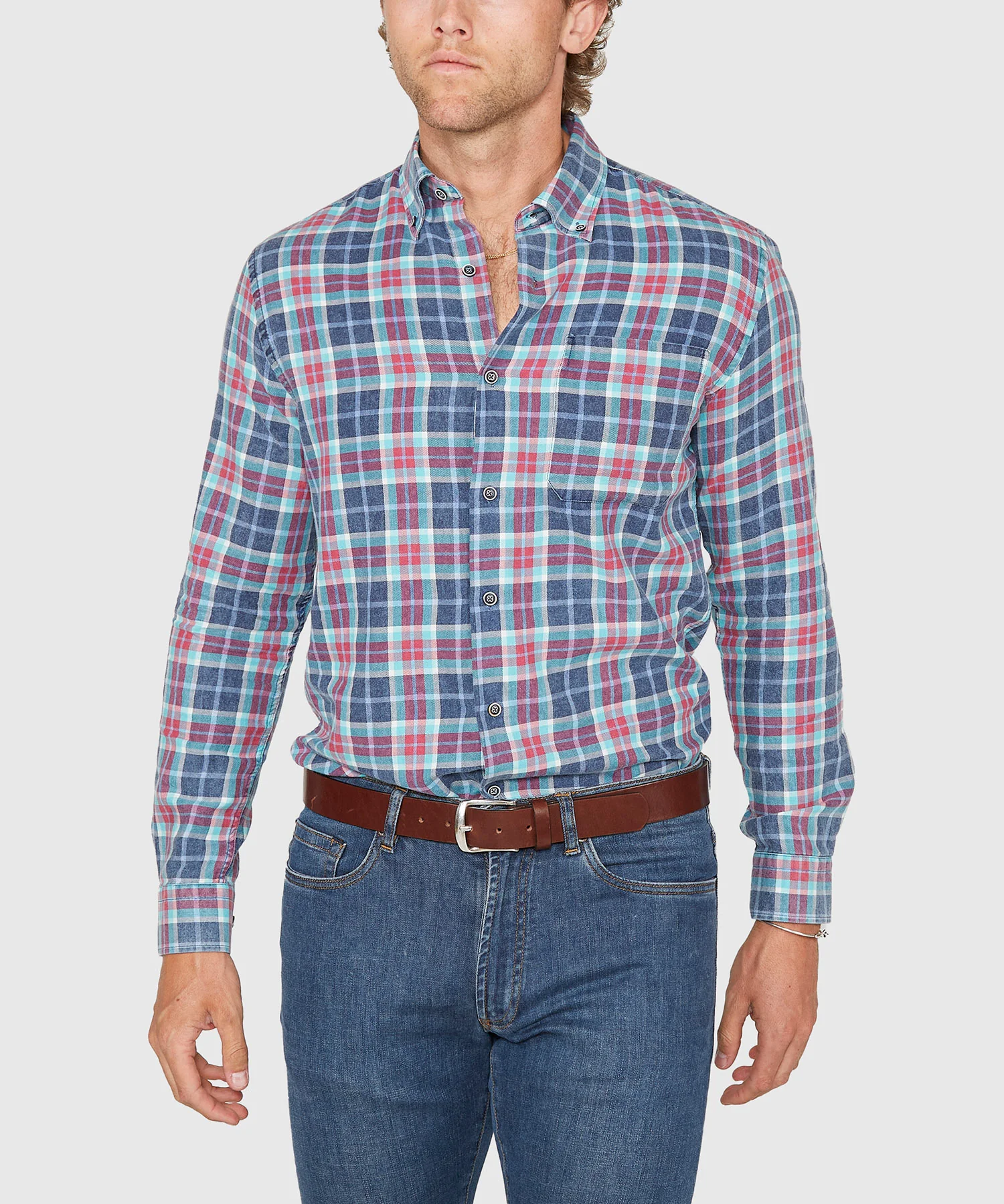 Westport Lifestyle Long Sleeve Button Down Collar Plaid Sport Shirt - Image 3