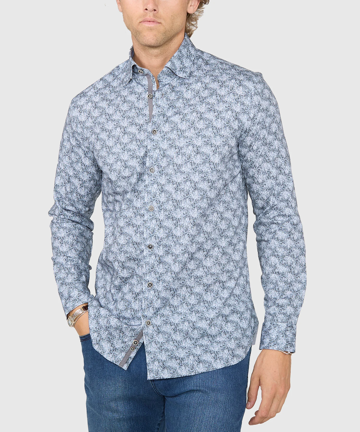 Westport Black Long Sleeve Hidden Button Down Collar Printed Sport Shirt - Image 2