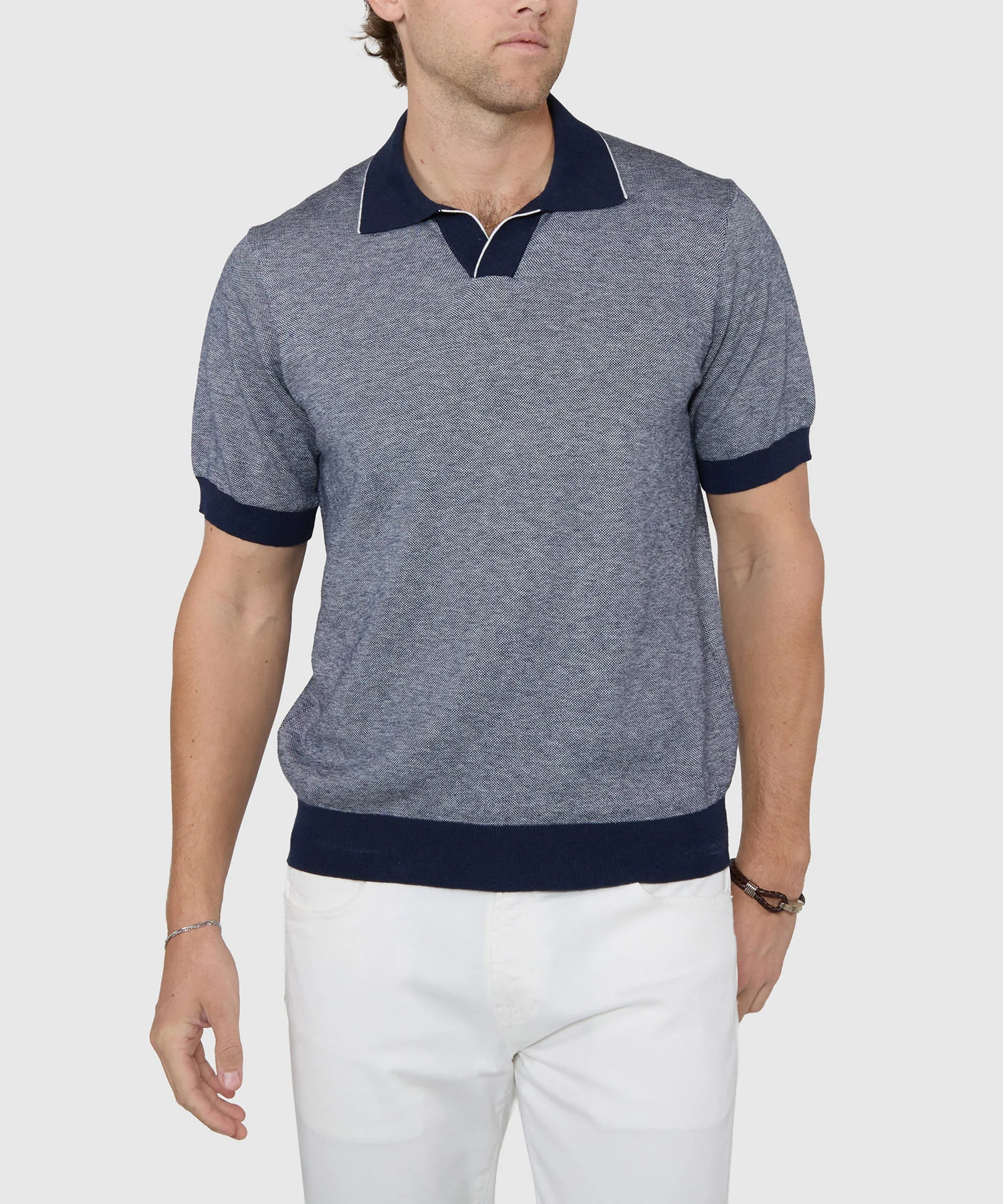 Westport Black Short Sleeve Crooner Birdseye Johnny Collar Polo - Image 14