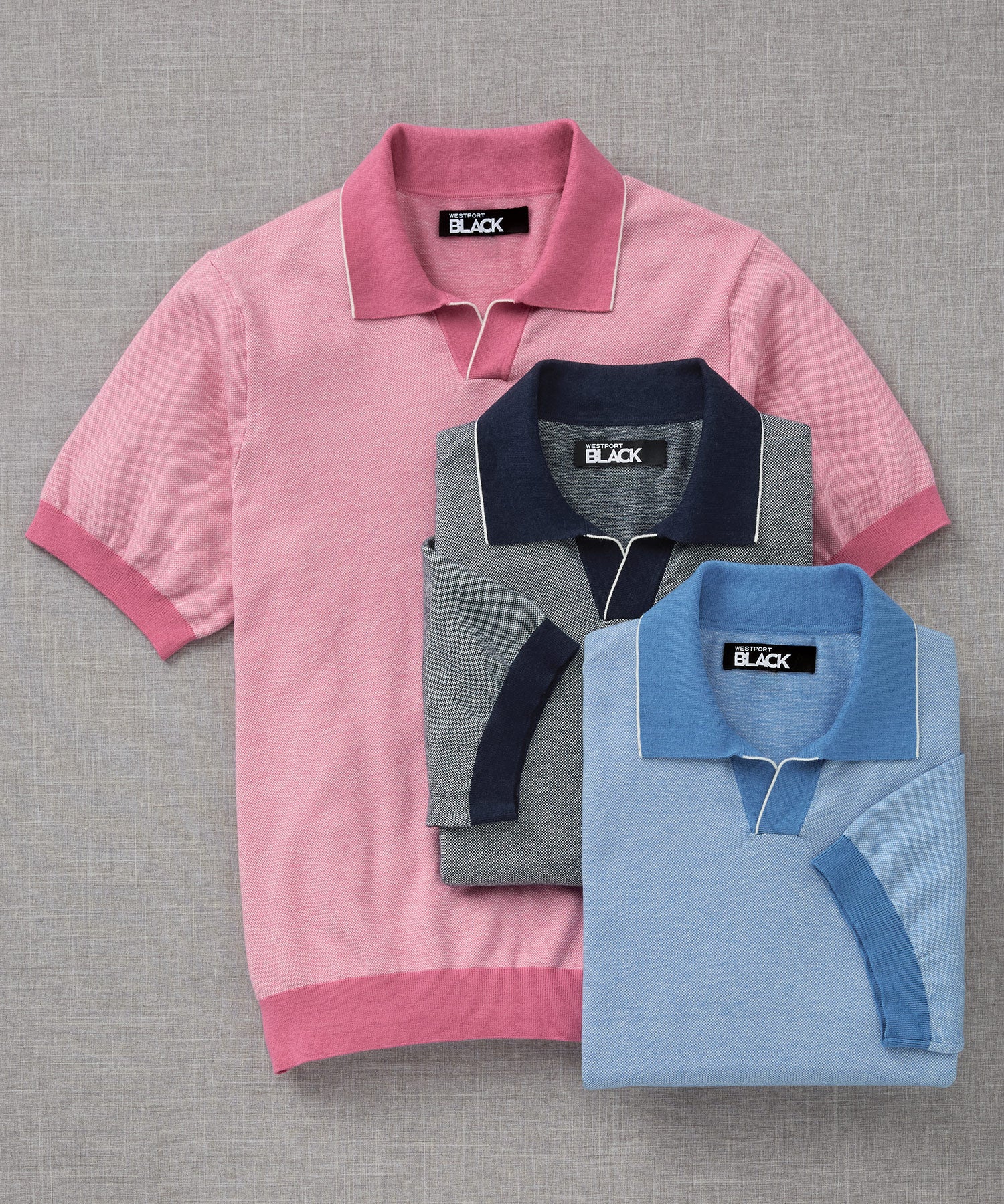 Westport Black Short Sleeve Crooner Birdseye Johnny Collar Polo - Image 2