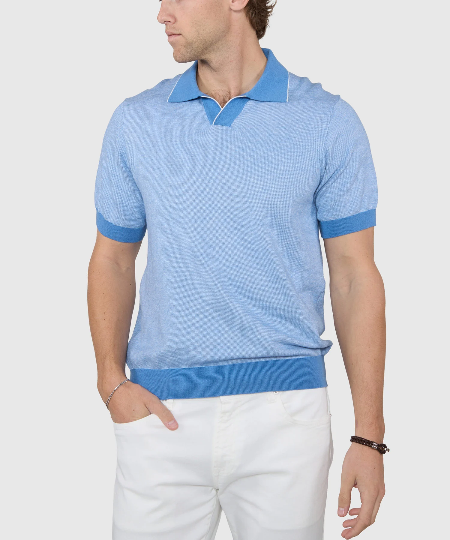 Westport Black Short Sleeve Crooner Birdseye Johnny Collar Polo - Image 4