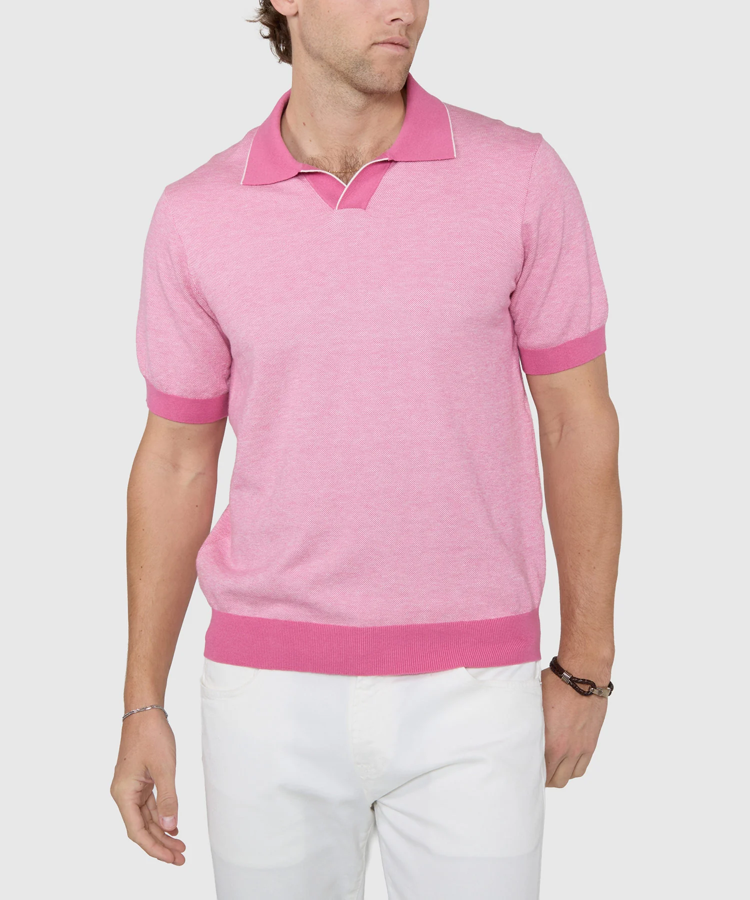 Westport Black Short Sleeve Crooner Birdseye Johnny Collar Polo - Image 9