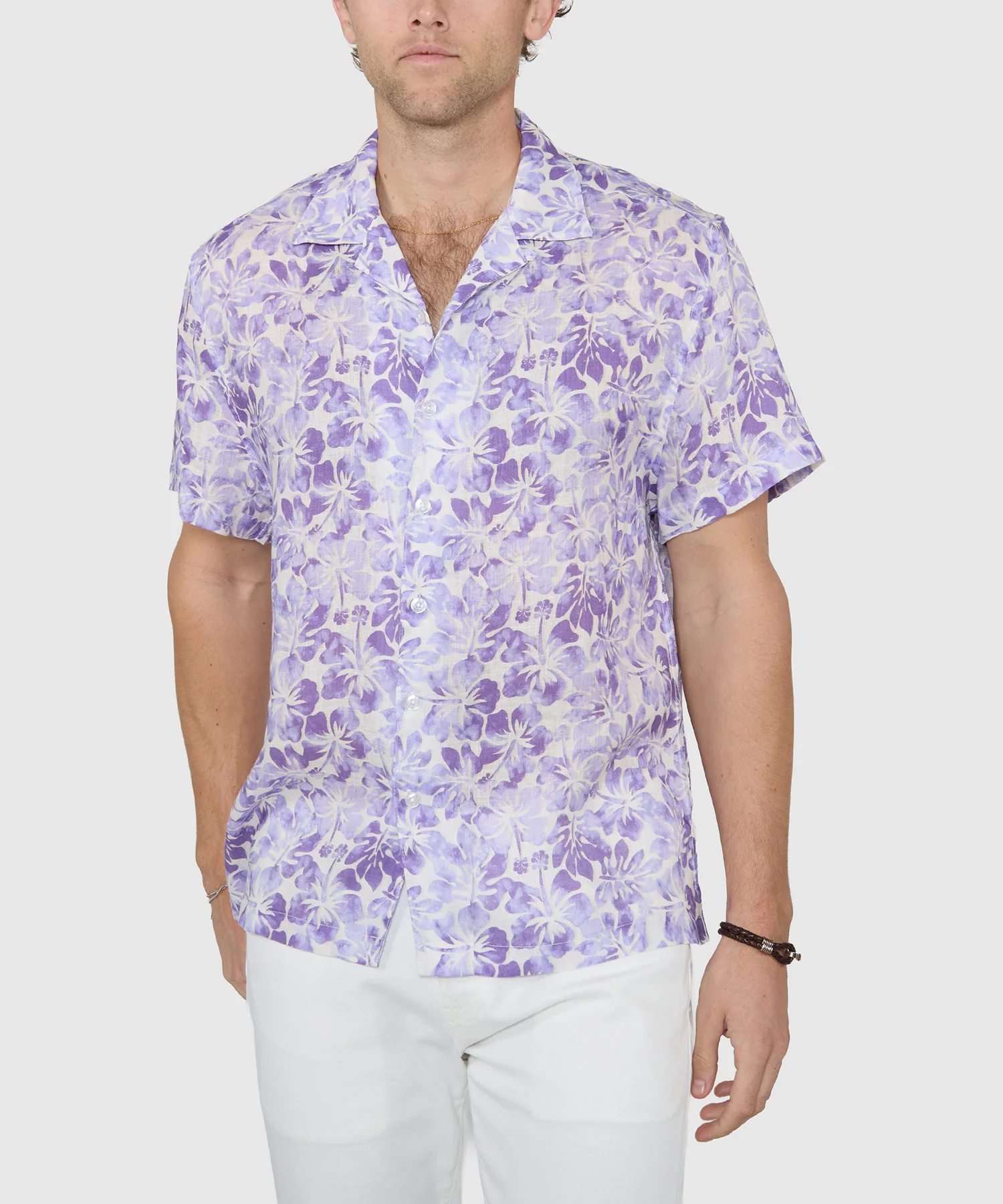 Westport Black Short Sleeve Hibiscus Print Linen Camp Shirt - Image 2