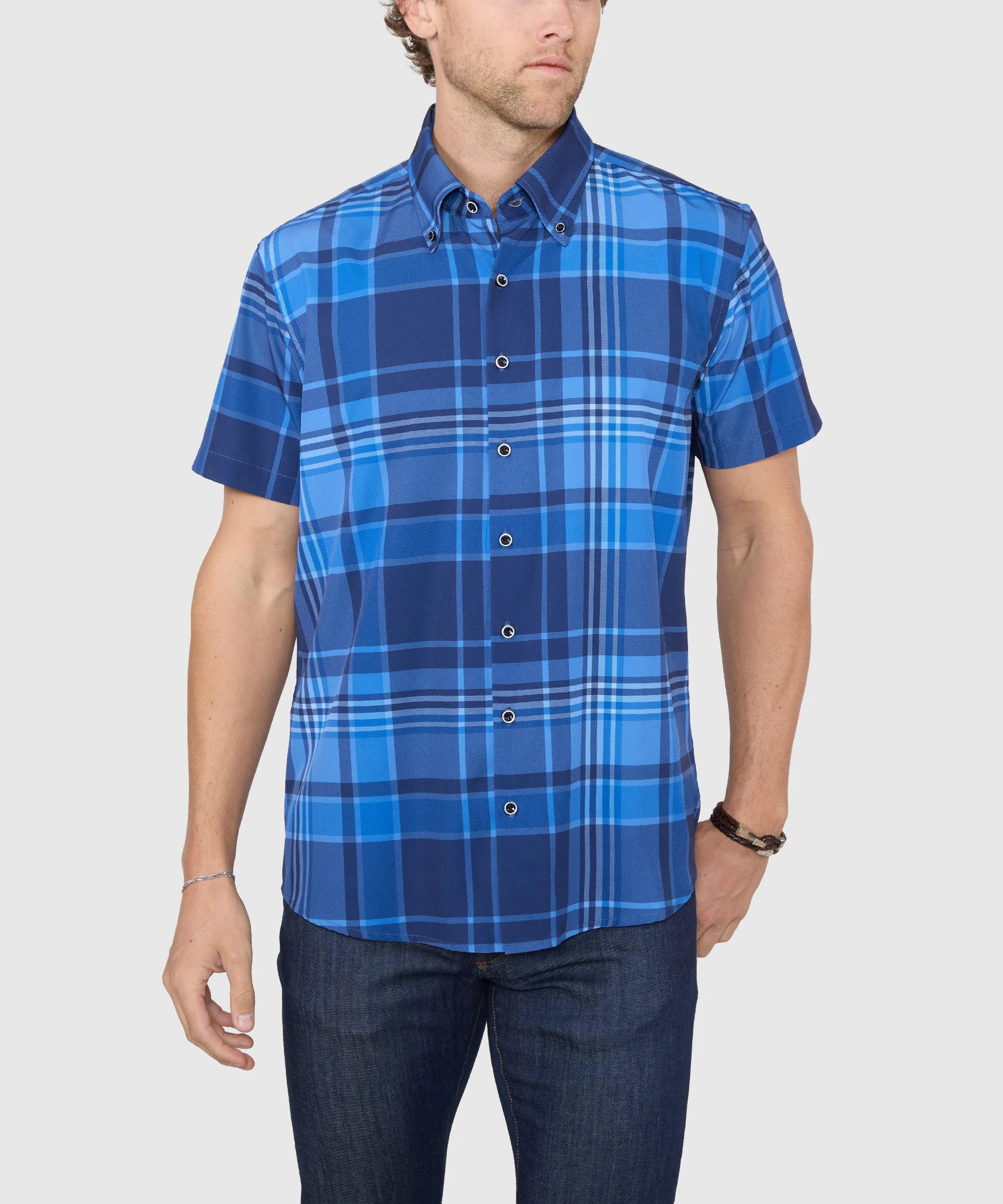Westport No-Tuck Short Sleeve Button-Down Collar Stretch Performance Big Plaid Sport Shirt - Image 2