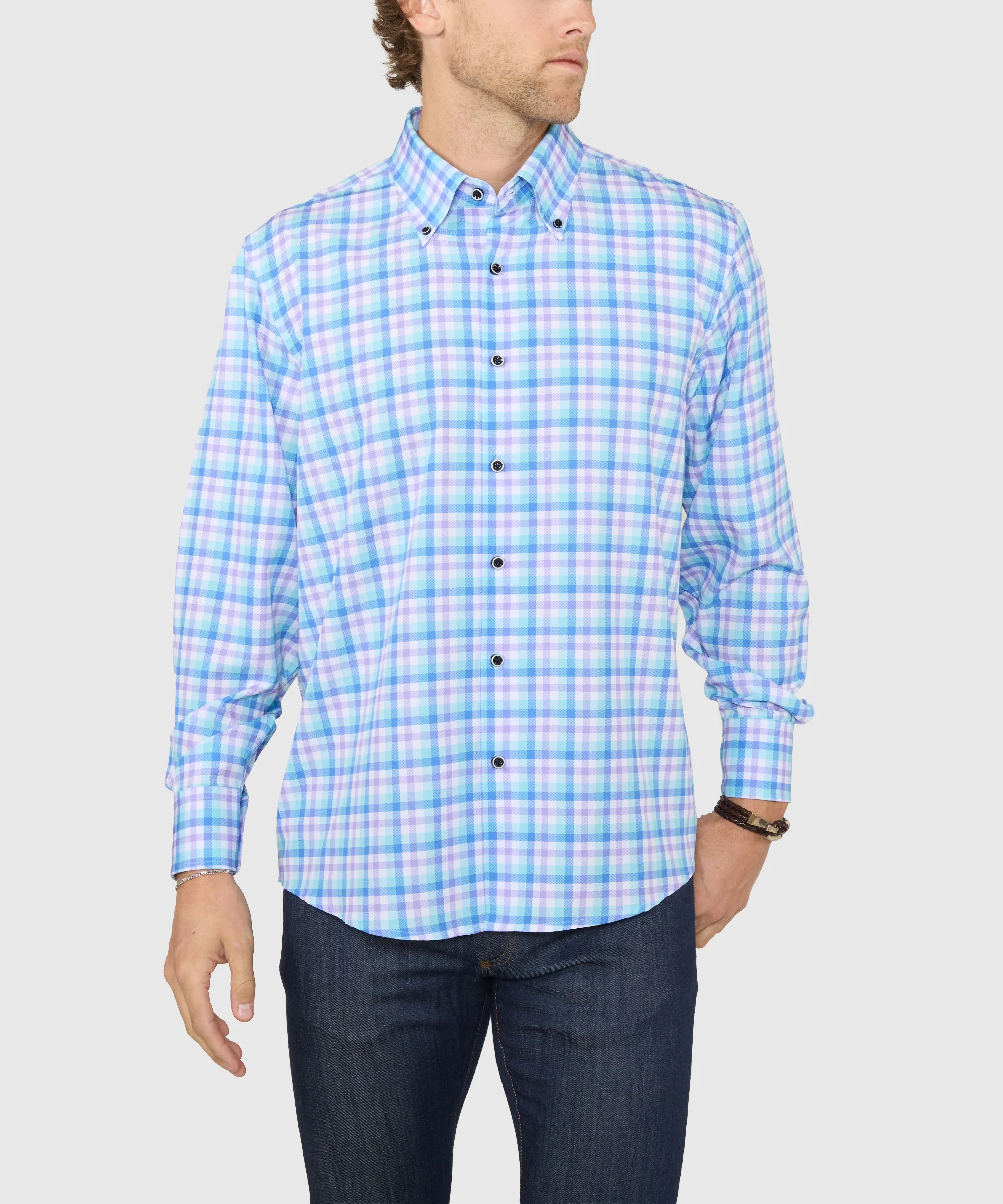 Westport No-Tuck Long Sleeve Button-Down Collar Stretch Performance Plaid Sport Shirt - Image 2