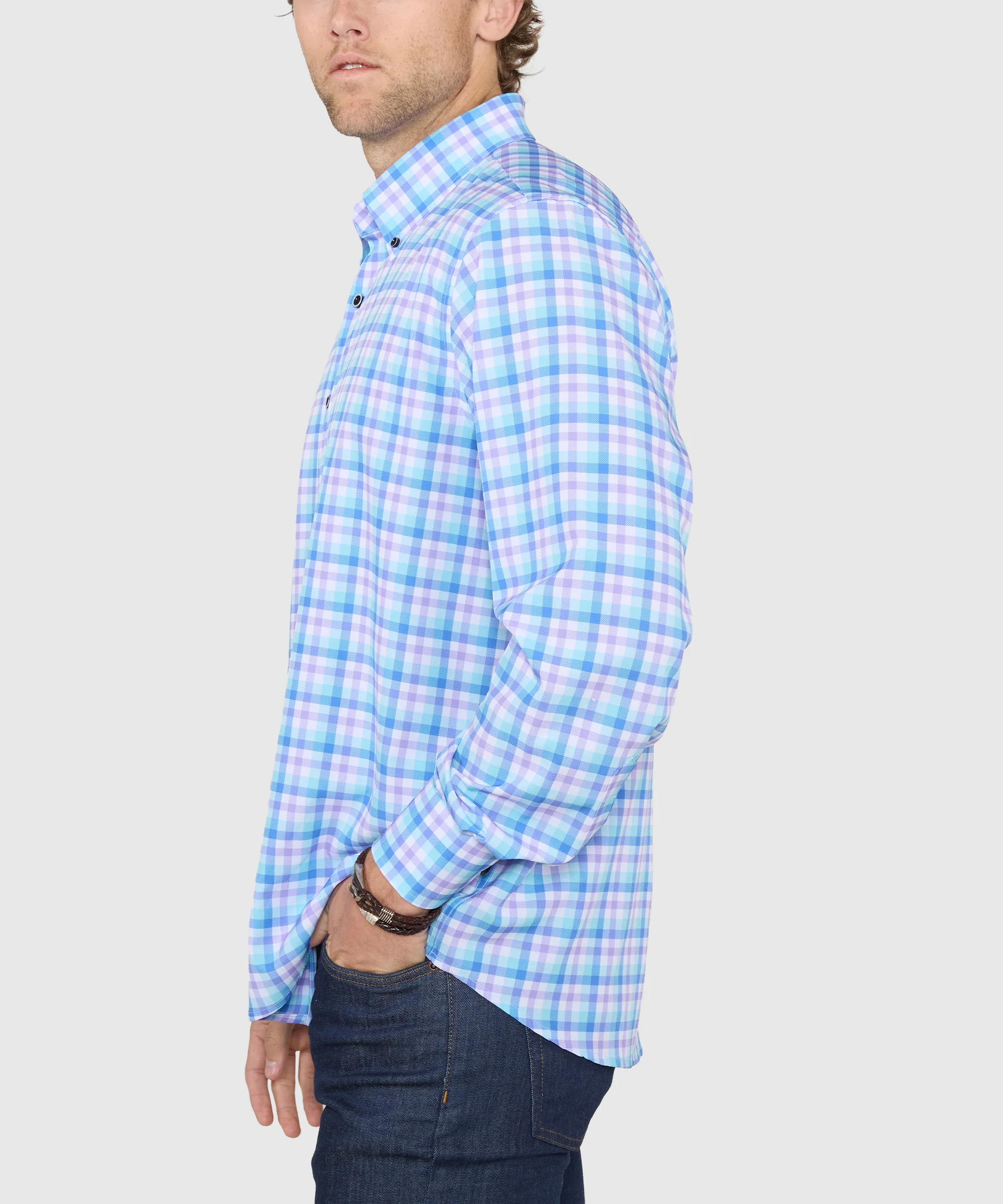 Westport No-Tuck Long Sleeve Button-Down Collar Stretch Performance Plaid Sport Shirt - Image 3