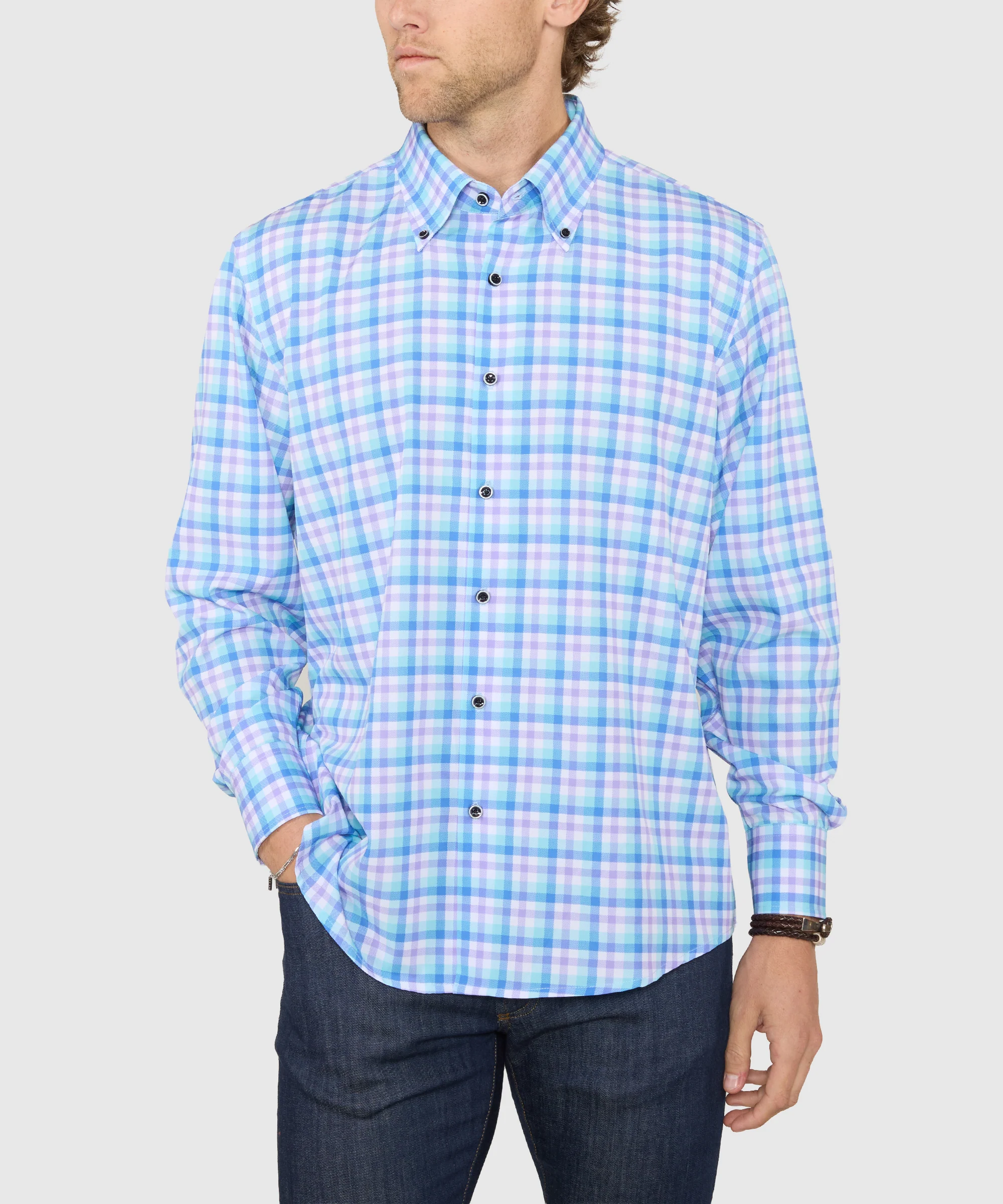 Westport No-Tuck Long Sleeve Button-Down Collar Stretch Performance Plaid Sport Shirt - Image 4