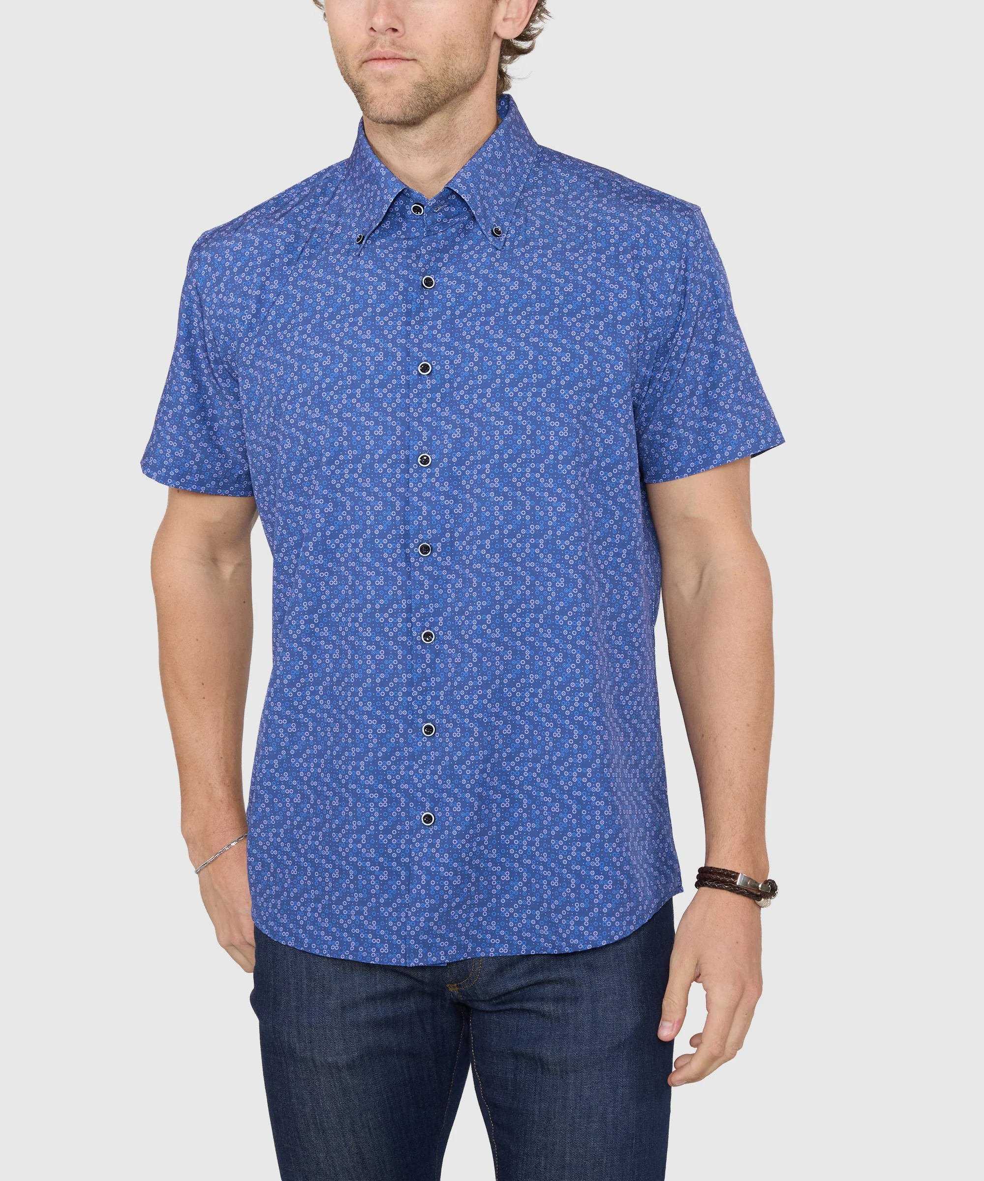 Westport No-Tuck Short Sleeve Button-Down Collar Stretch Performance Medallion Print Sport Shirt - Image 4