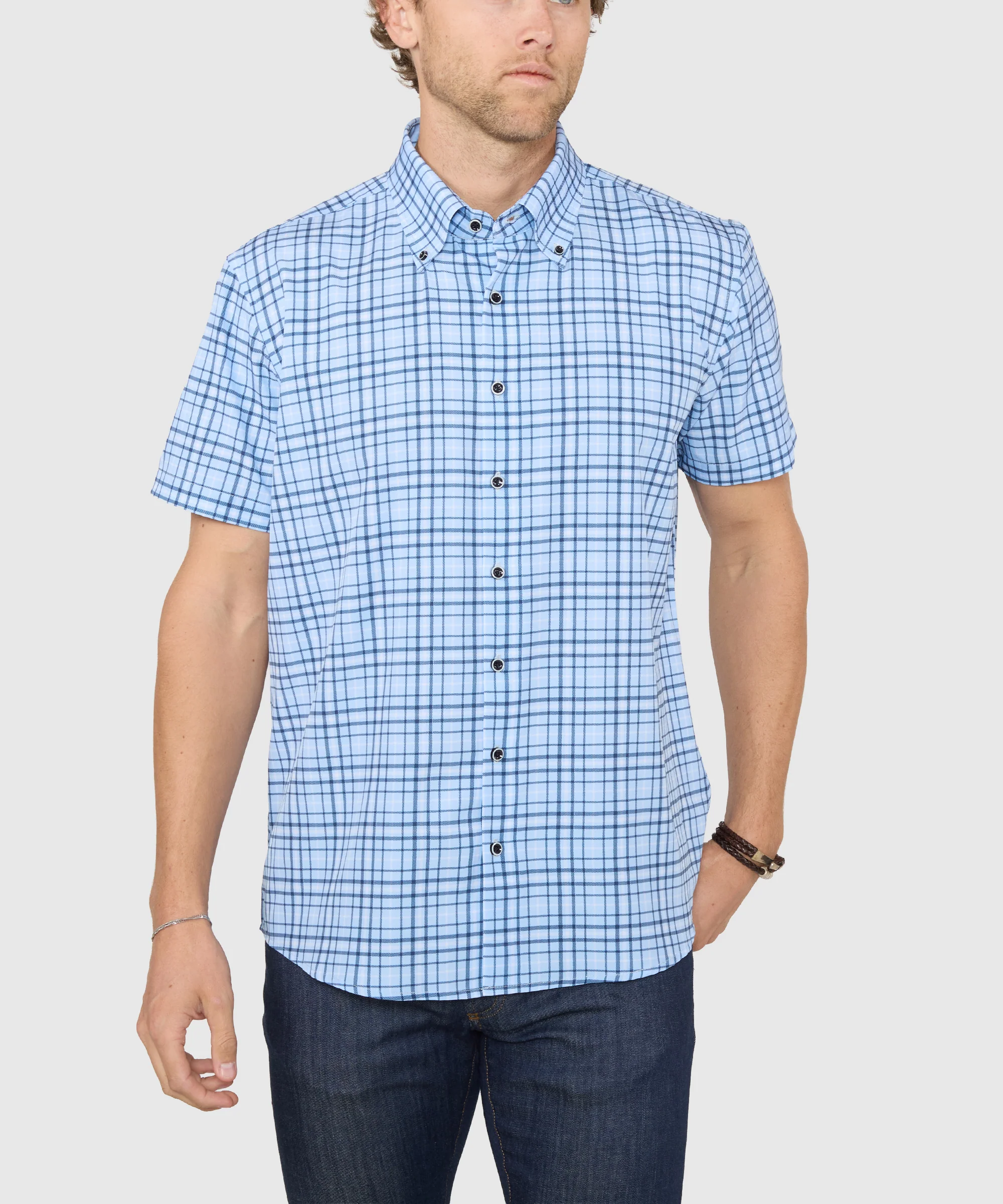 Westport No-Tuck Short Sleeve Button-Down Collar Stretch Performance Plaid Sport Shirt - Image 2