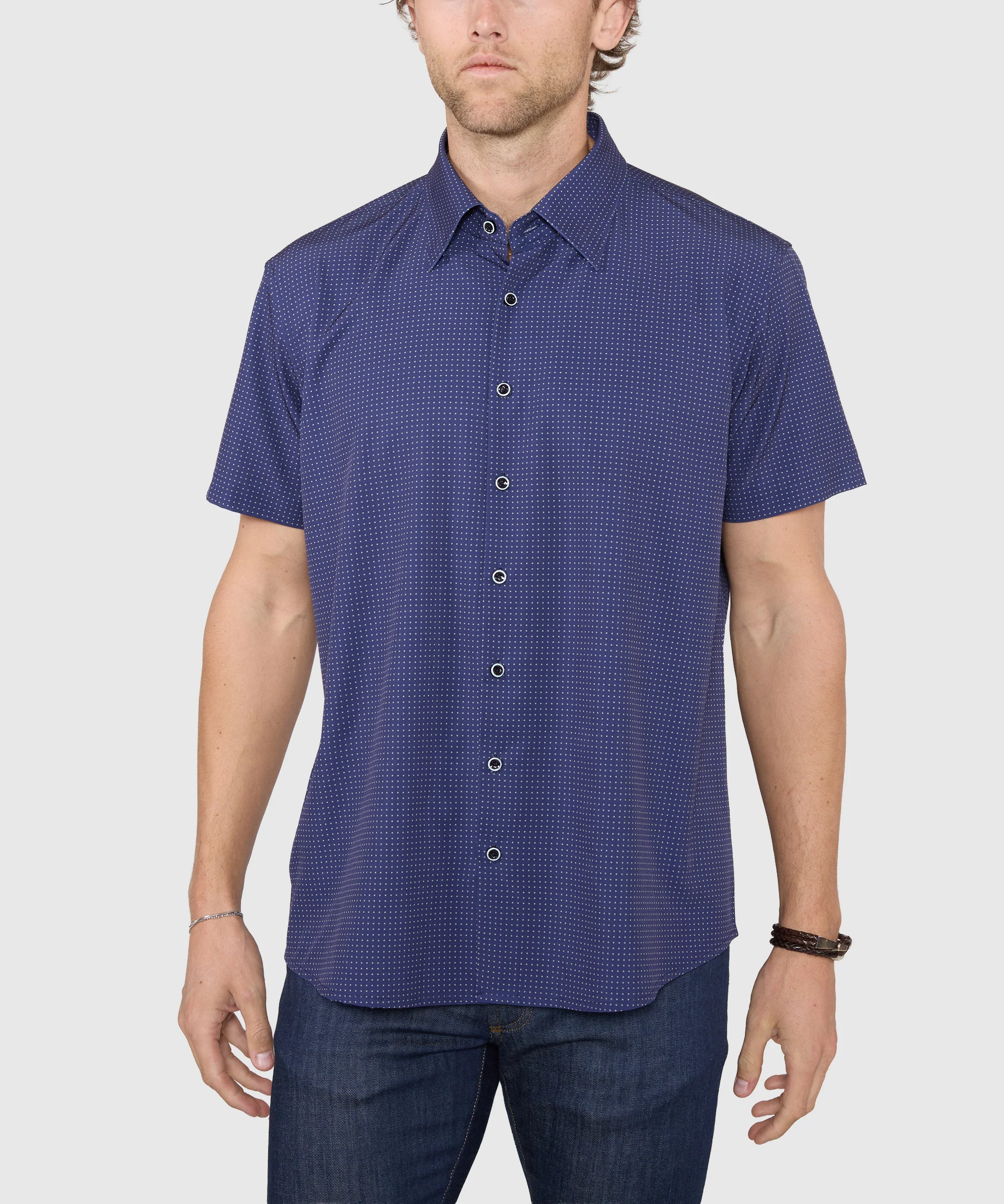Westport No-Tuck Short Sleeve Spread Collar Stretch Performance Dot Print Sport Shirt - Image 2