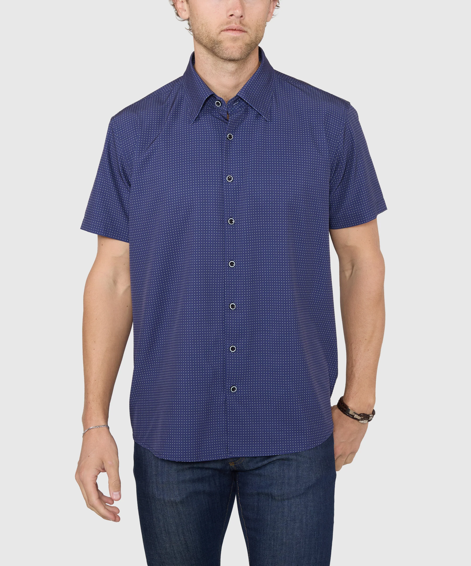 Westport No-Tuck Short Sleeve Spread Collar Stretch Performance Dot Print Sport Shirt - Image 4
