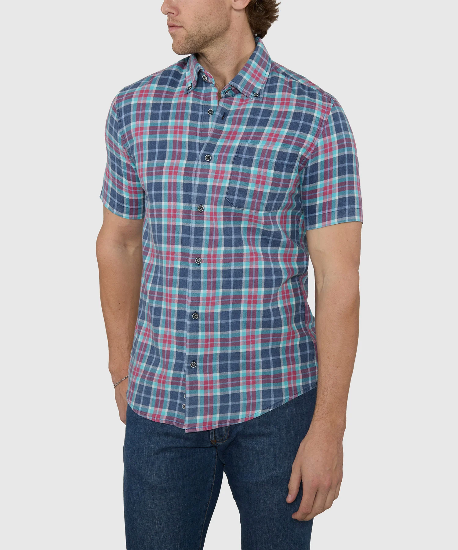 Westport Lifestyle Short Sleeve Washed Out Plaid Sport Shirt - Image 2