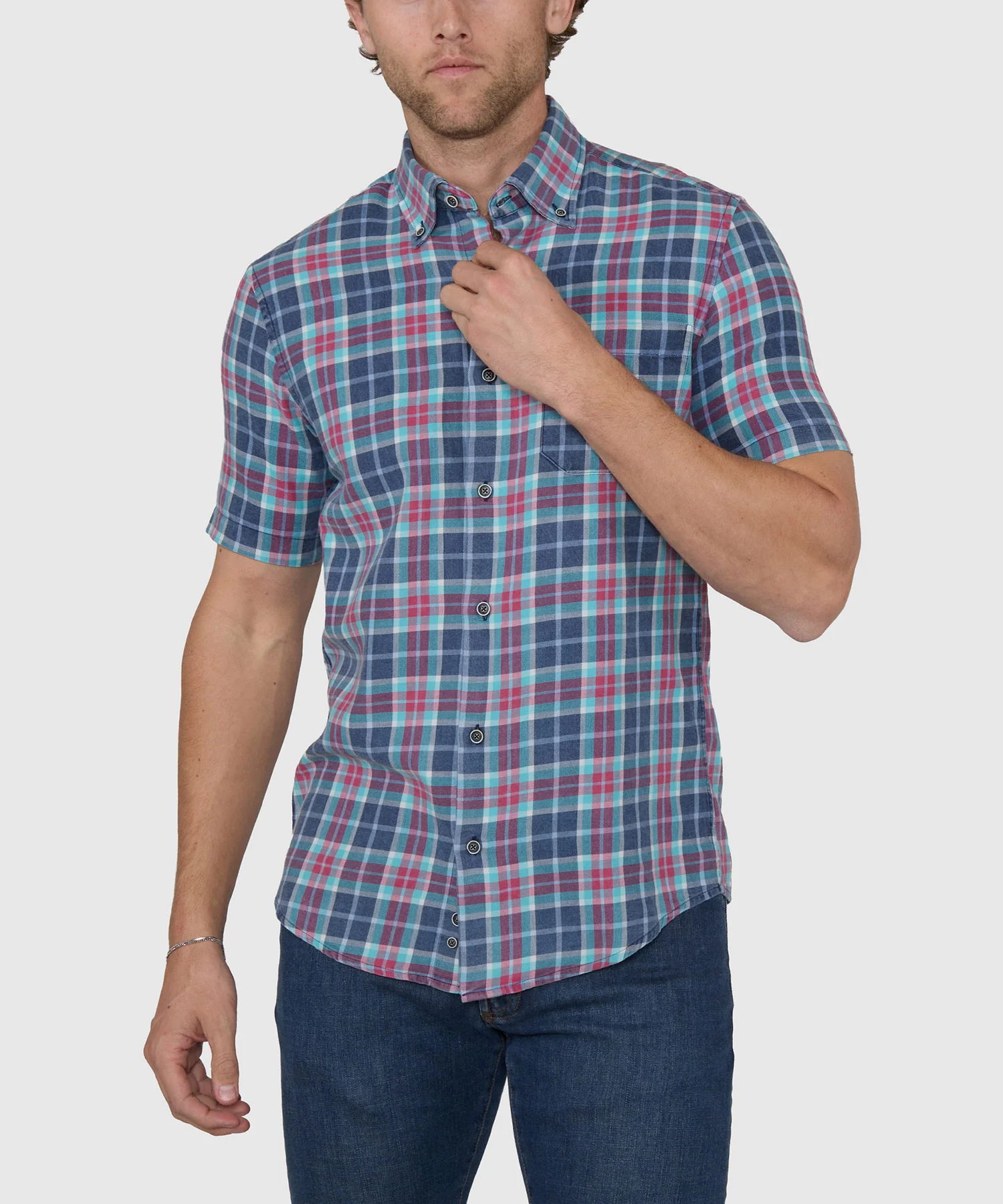 Westport Lifestyle Short Sleeve Washed Out Plaid Sport Shirt - Image 3